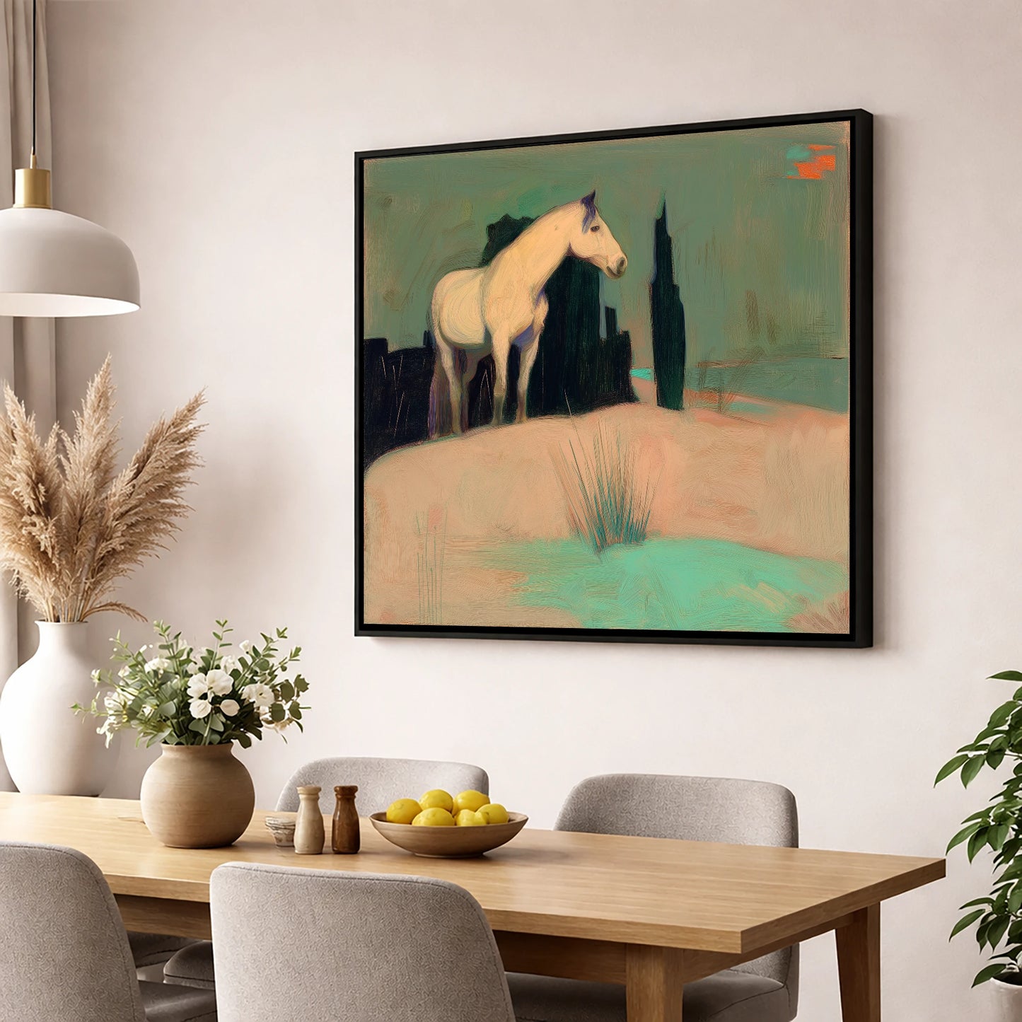 Dusk in the Cypress Grove horse landscape wall art displayed in a dining room