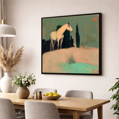 Dusk in the Cypress Grove horse landscape wall art displayed in a dining room