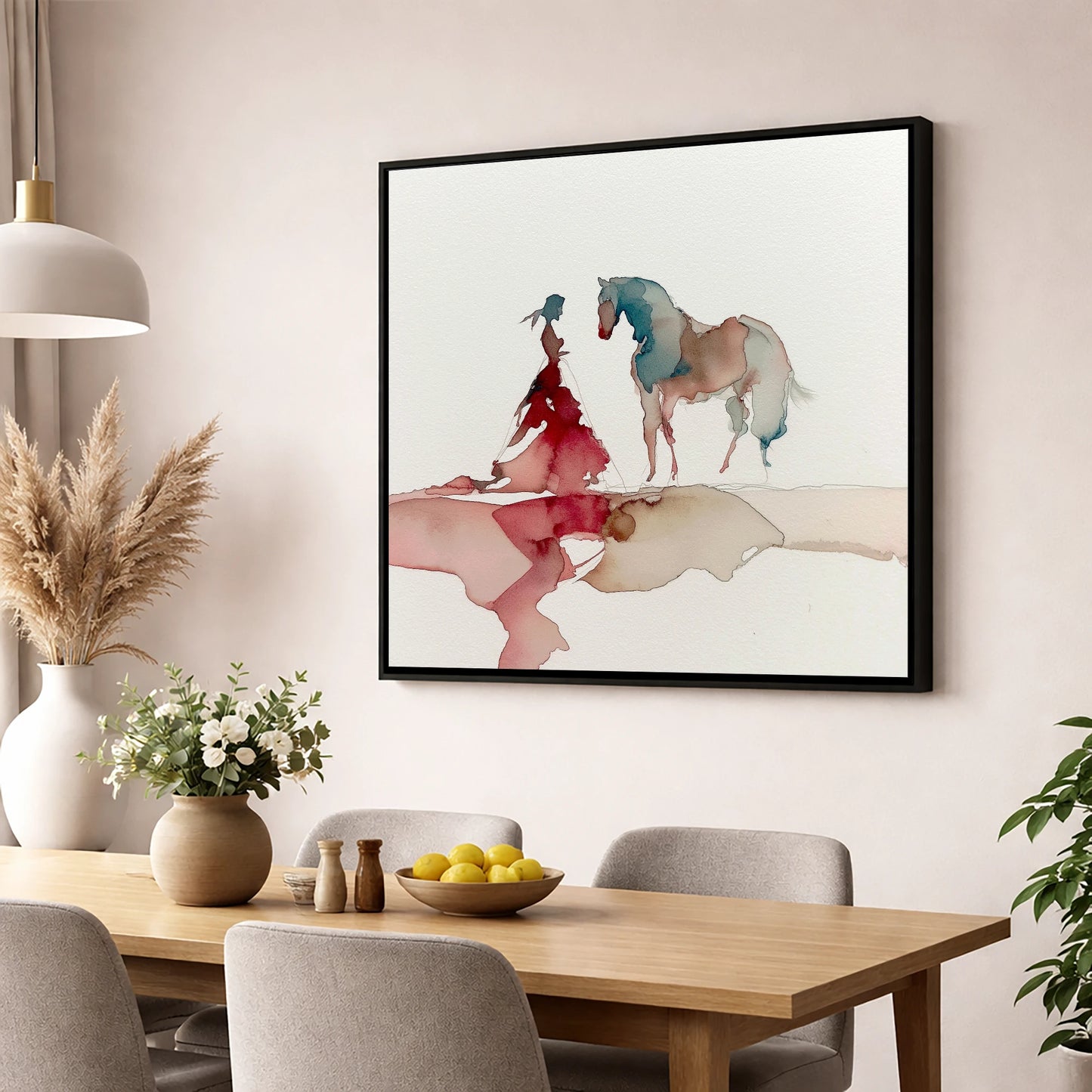 Ethereal Bond horse & rider wall art displayed in a dining room