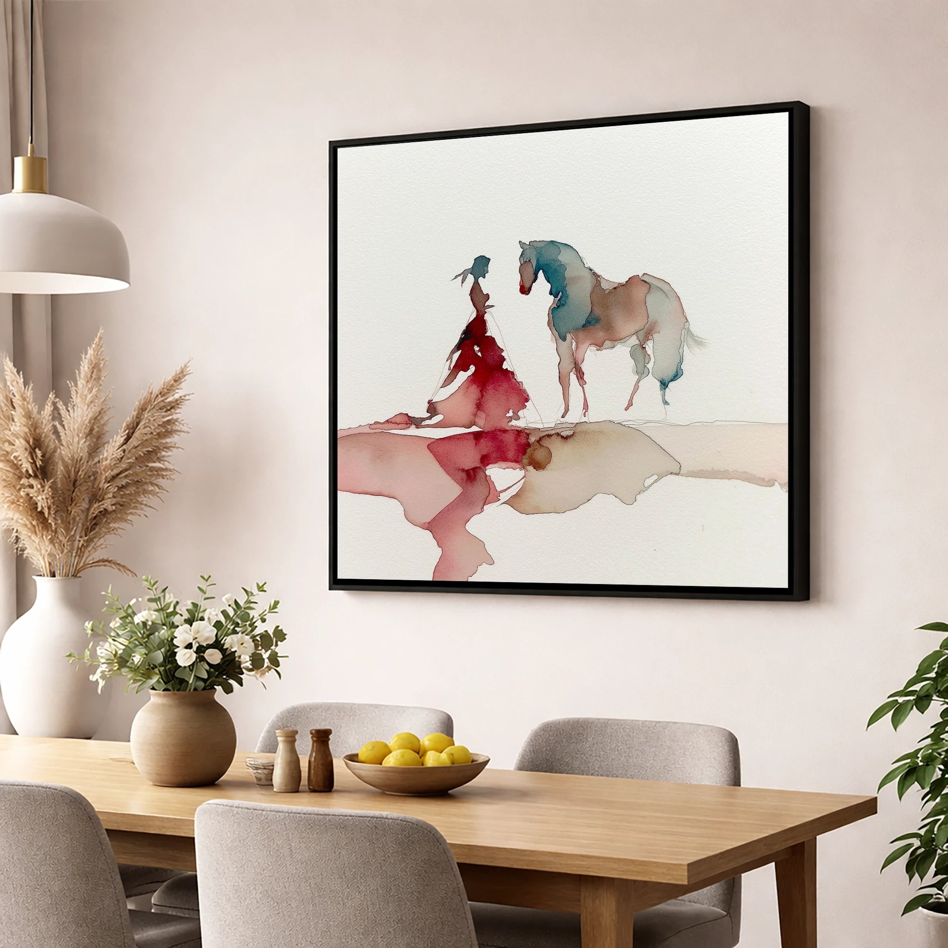 Ethereal Bond horse & rider wall art displayed in a dining room
