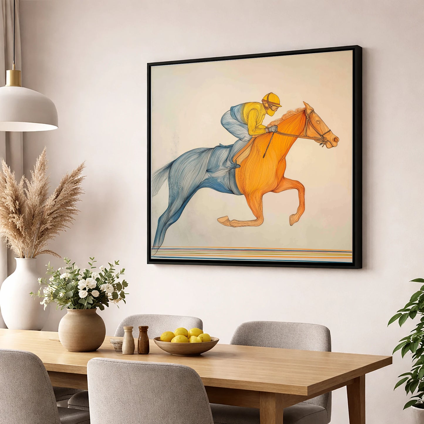 The Fluid Stride racing horse wall art displayed in a dining room