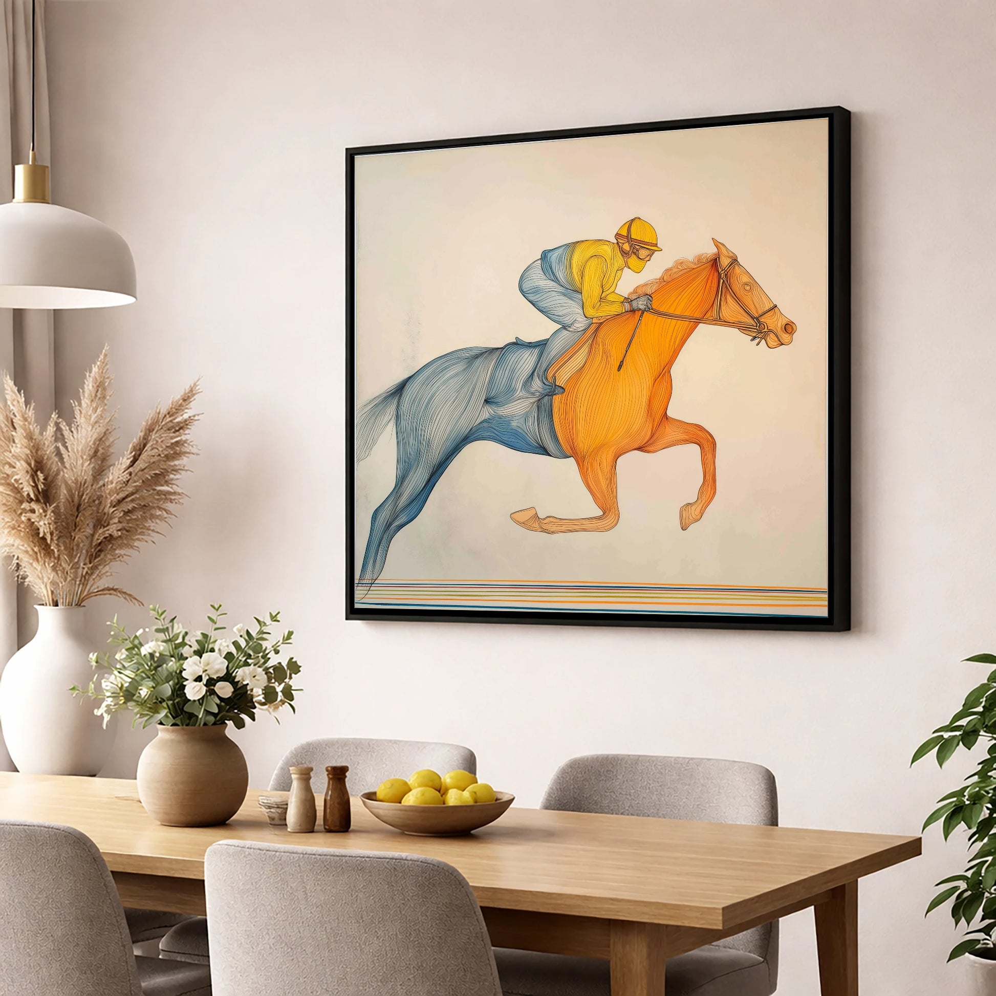 The Fluid Stride racing horse wall art displayed in a dining room
