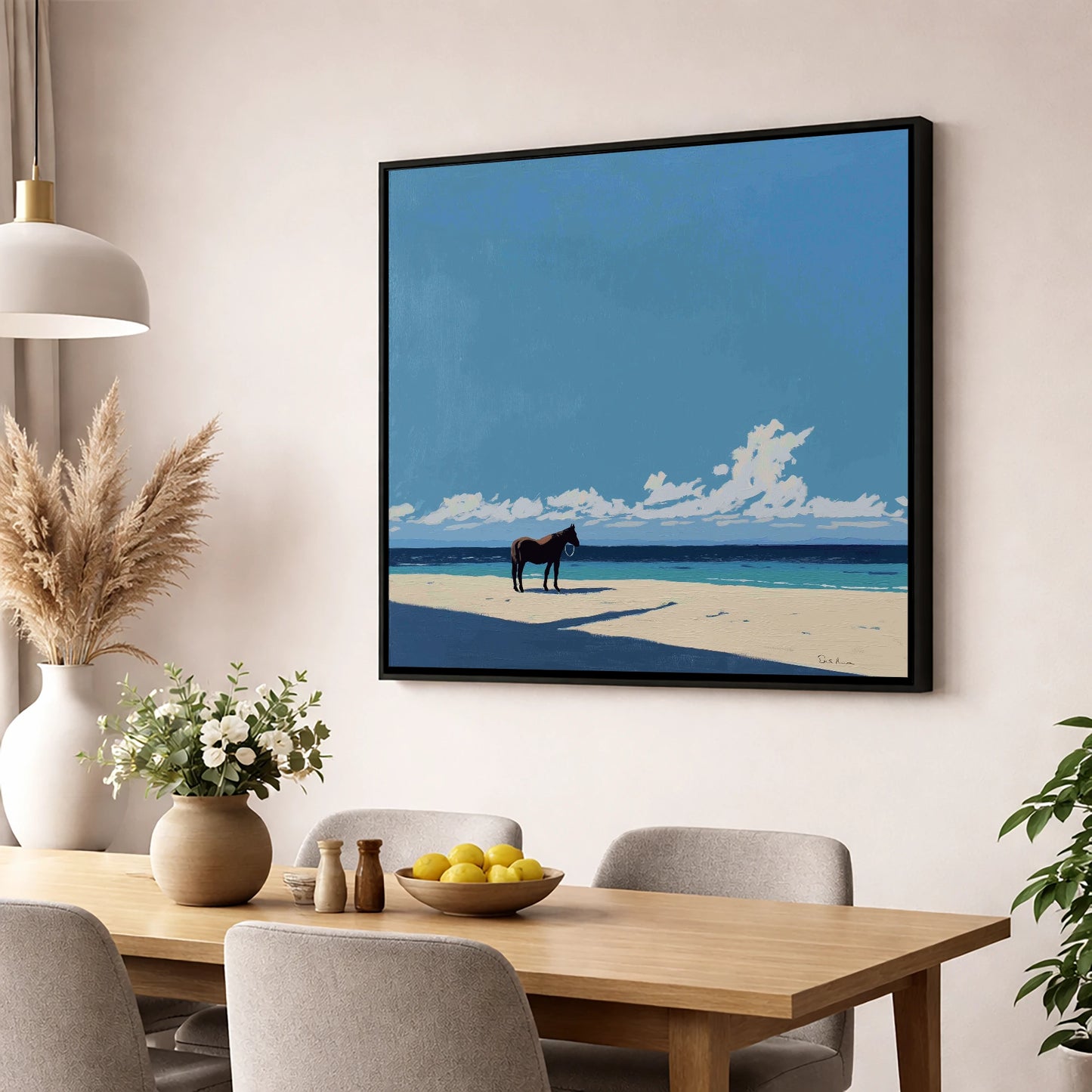 Coastal Contemplation horse landscape wall art displayed in a dining room