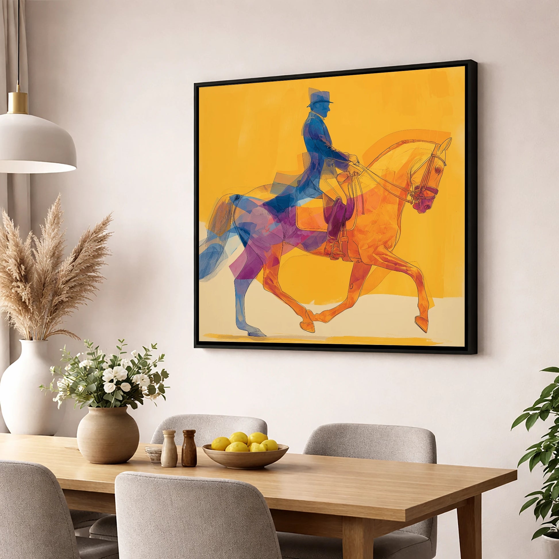 Cobalt and Gold Passage dressage horse wall art displayed in a dining room