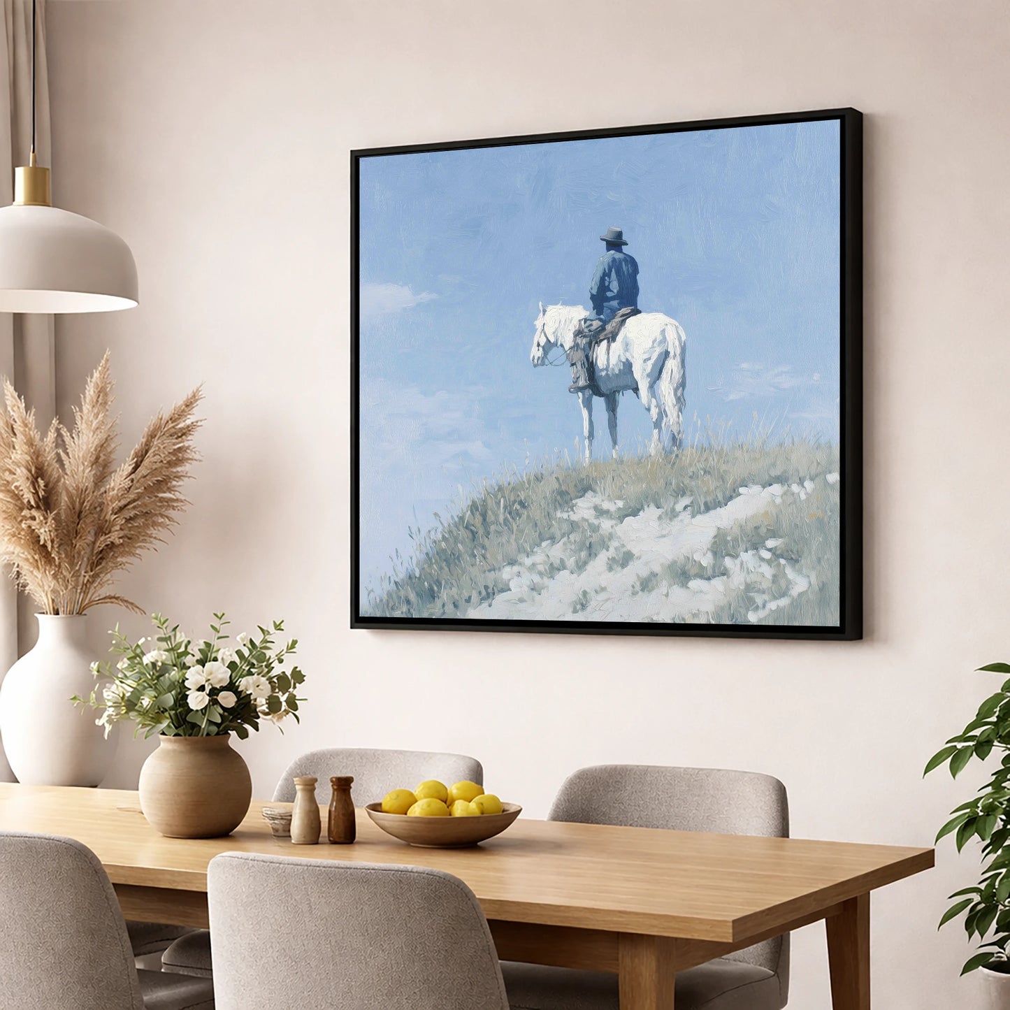 Solitude on the Ridge western horse wall art displayed in a dining room