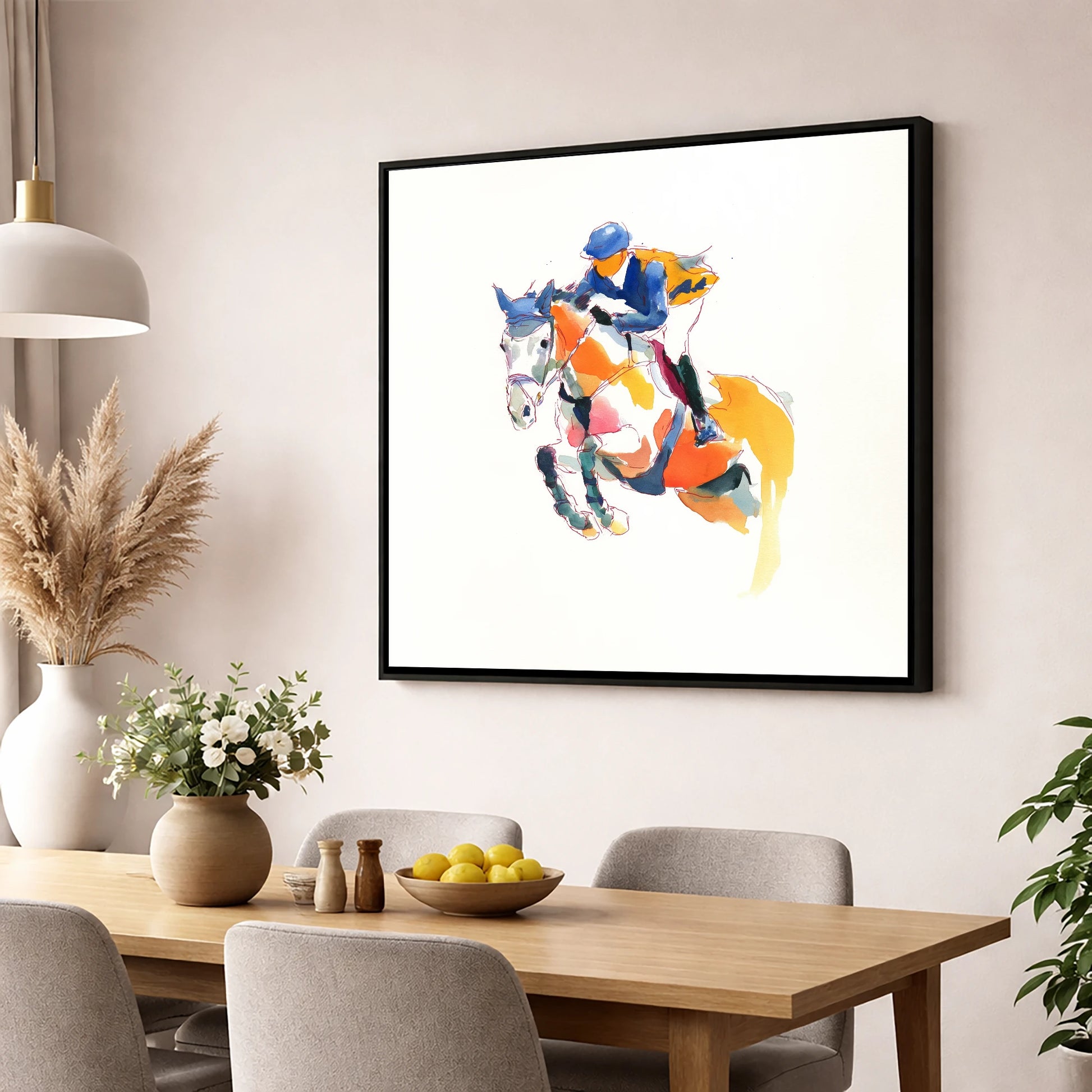 Dynamic Flight show jumping horse wall art displayed in a dining room