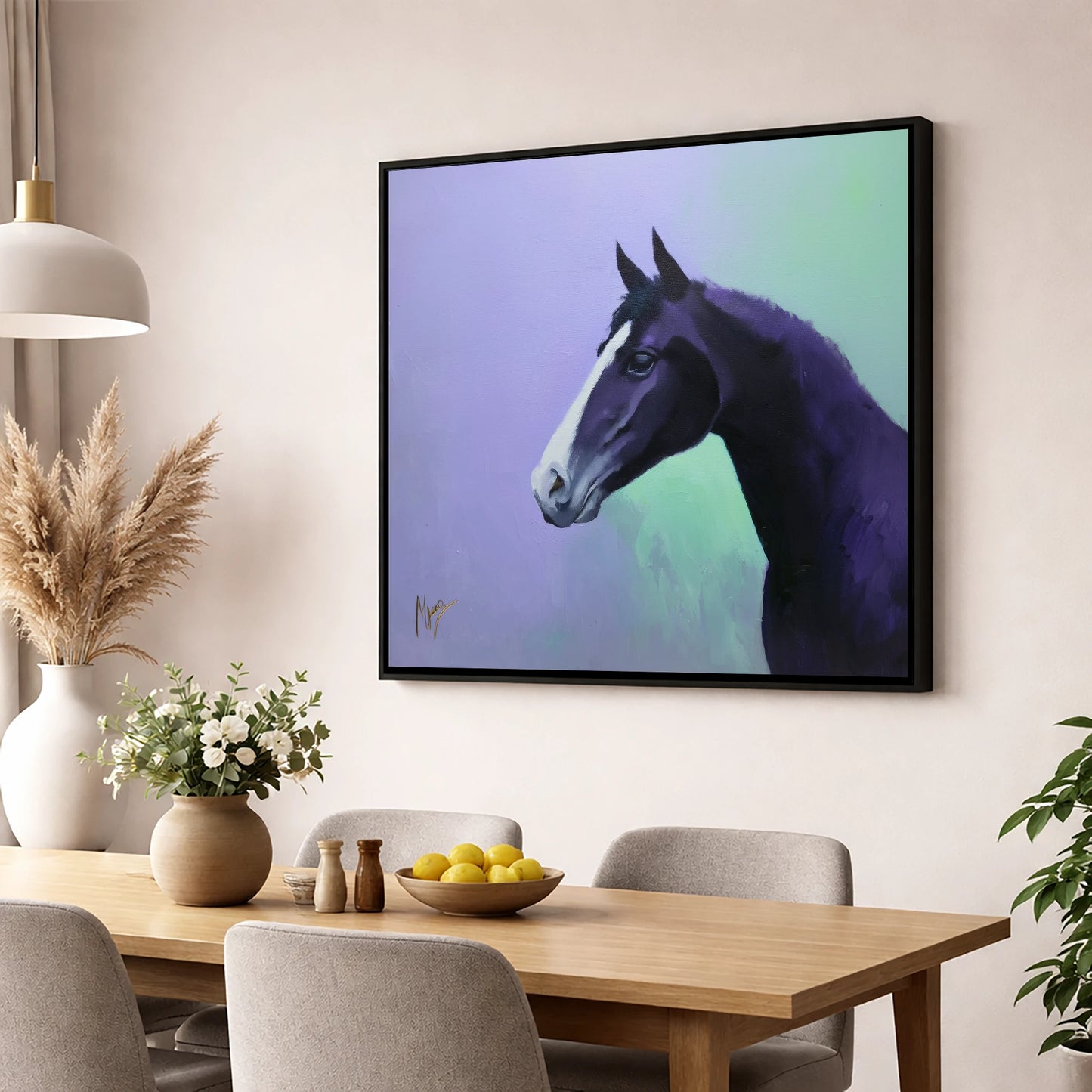 Amethyst Equine Profile horse portrait wall art displayed in a dining room