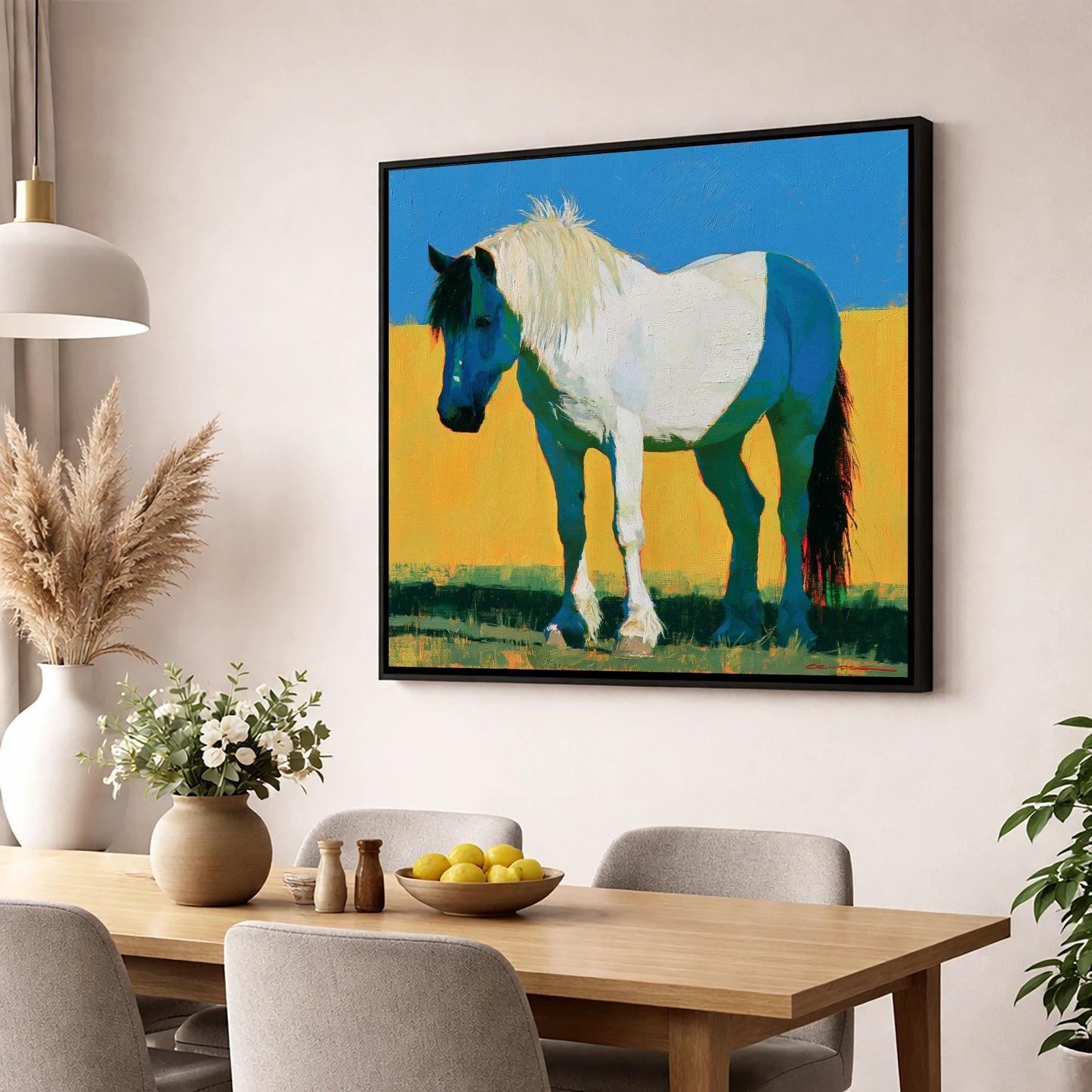 Bold Blue and White Cob horse breed wall art displayed in a dining room