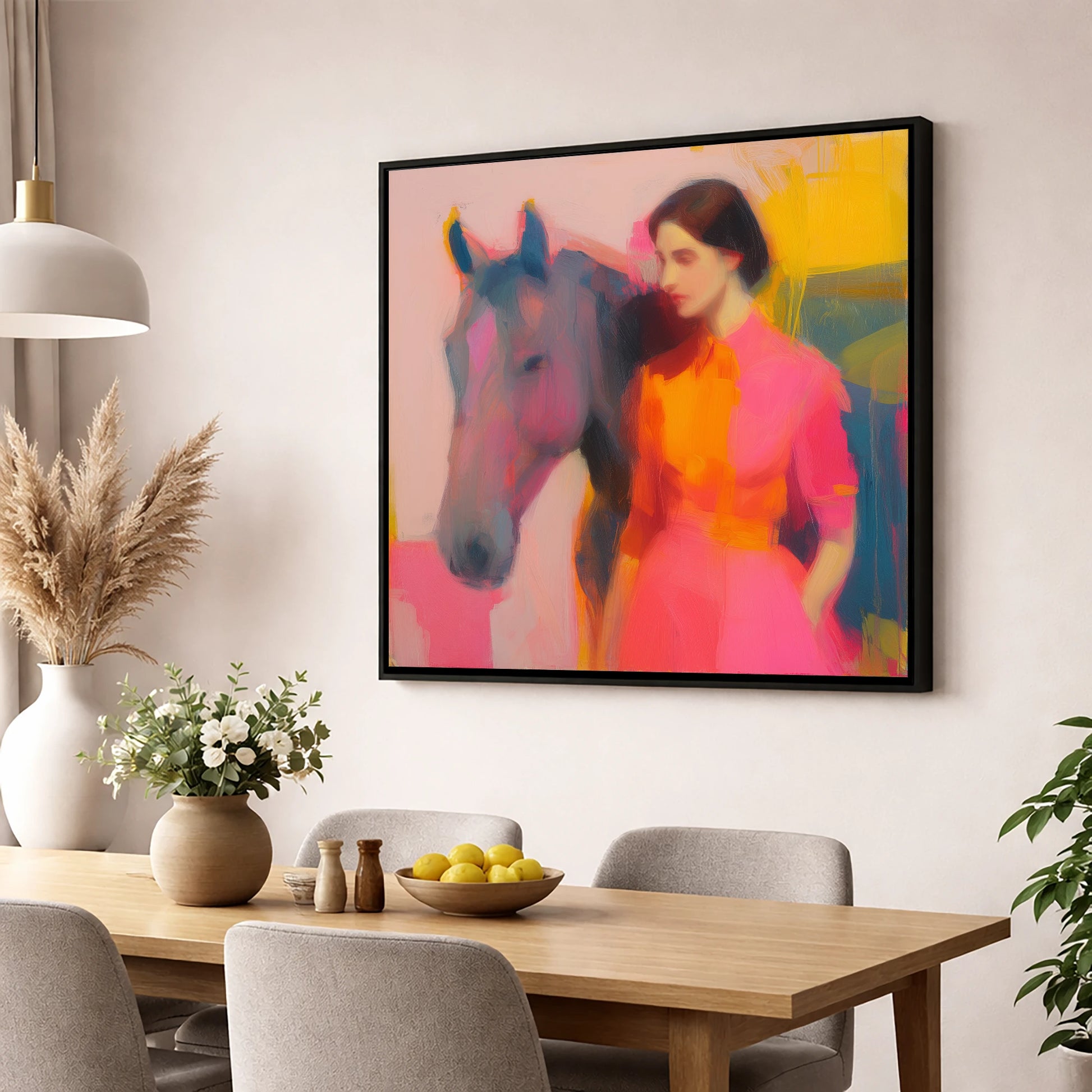 The Vivid Connection horse & rider wall art displayed in a dining room