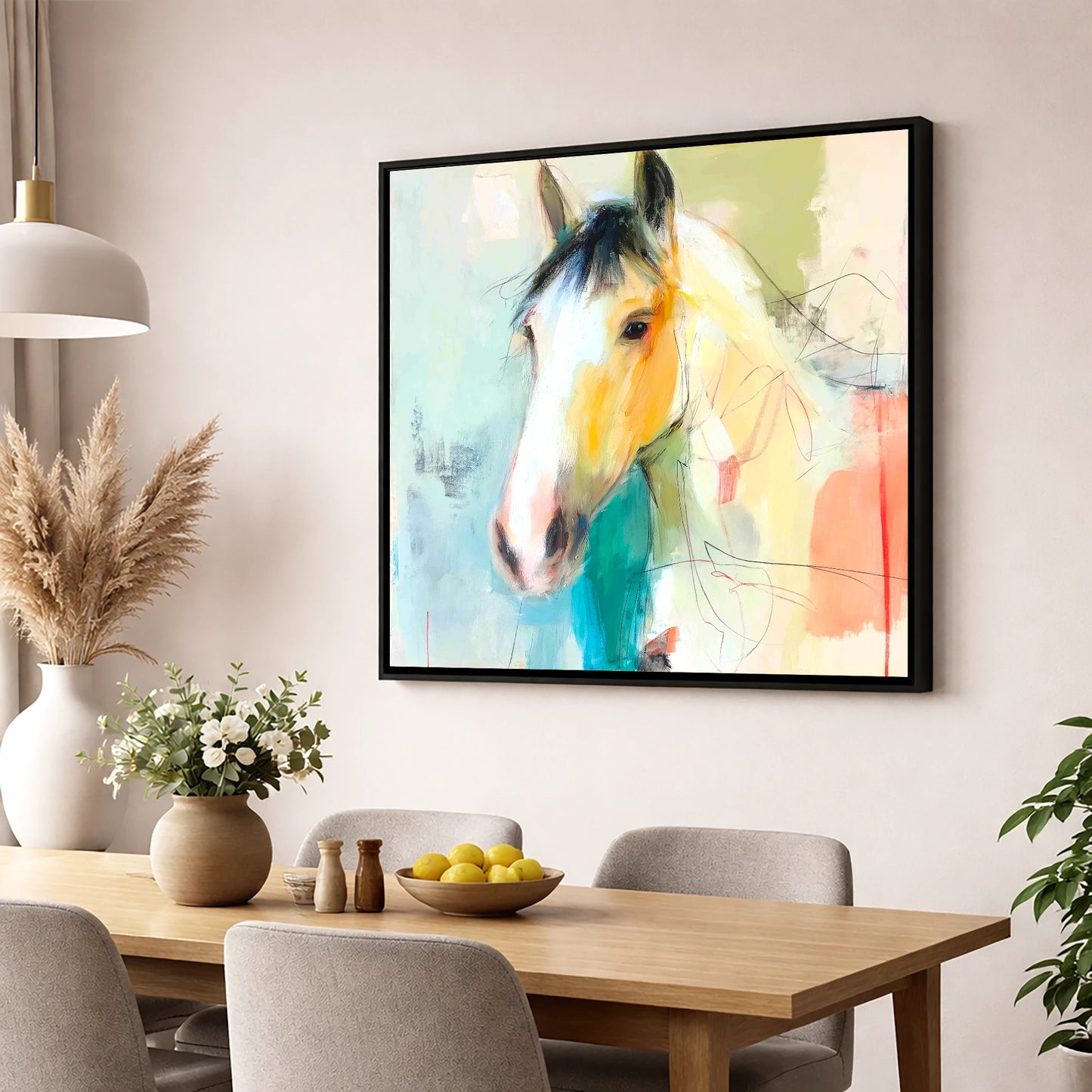 Quiet Grace in Ochre horse portrait wall art displayed in a dining room