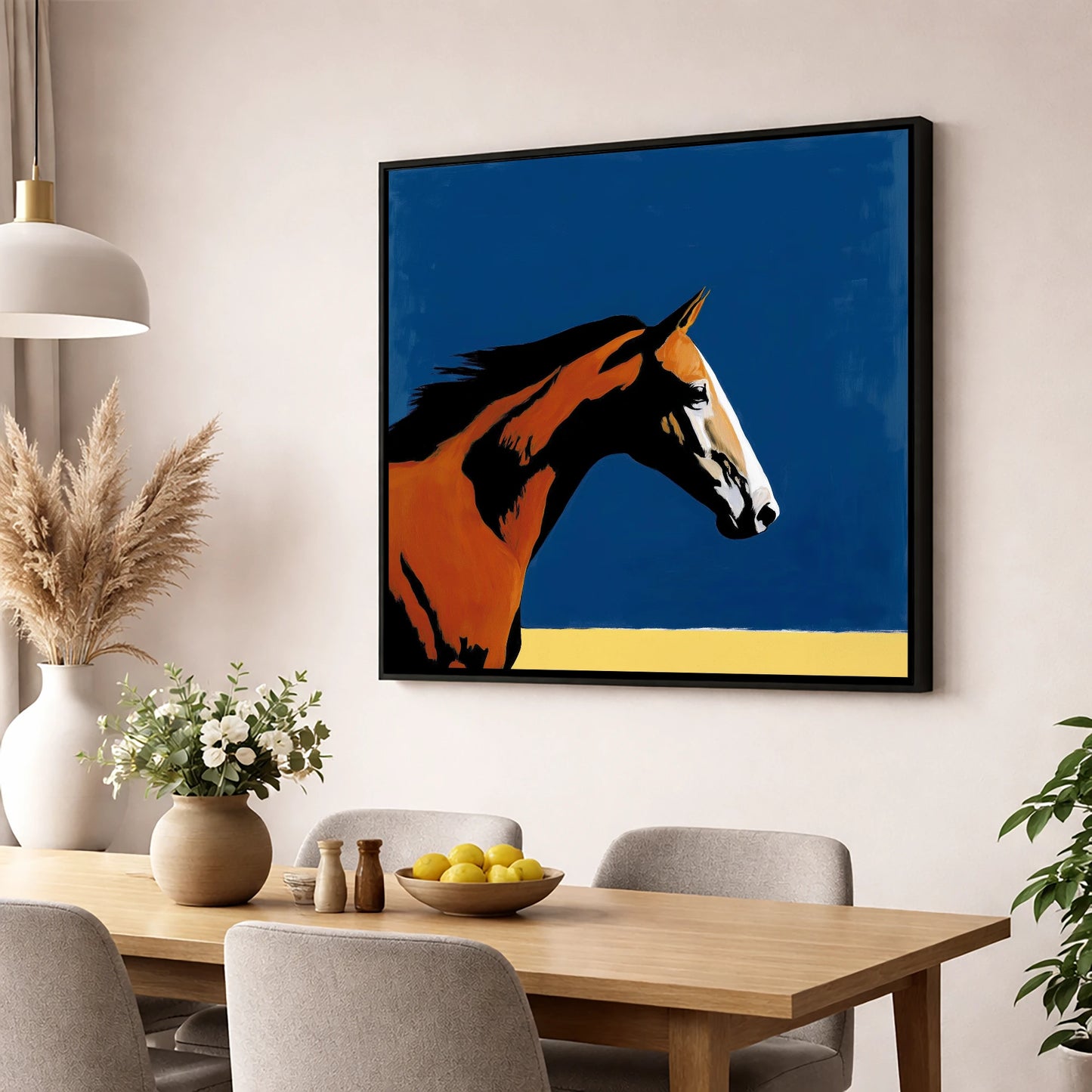 Vibrant Bay Gallop racing horse wall art displayed in a dining room