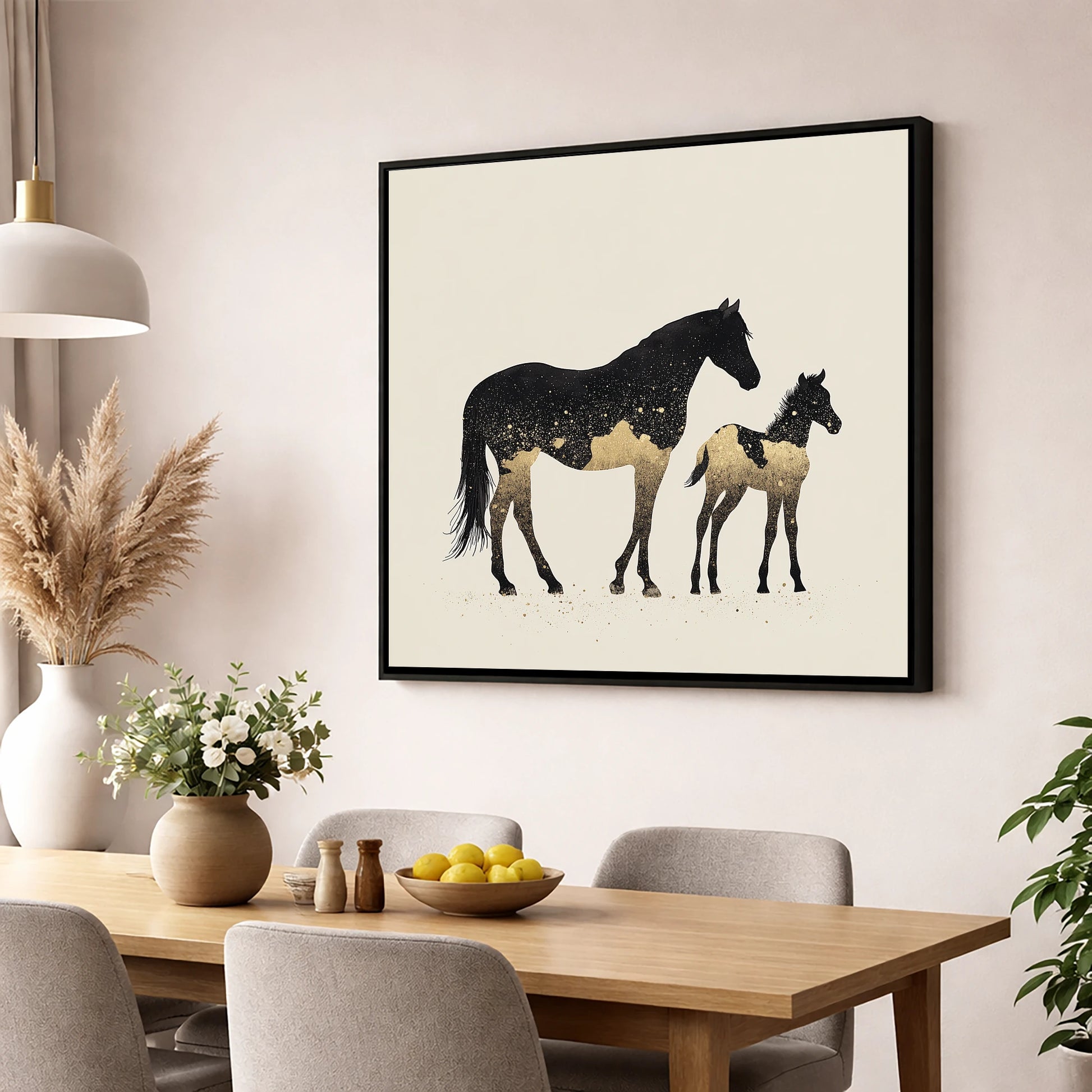 Gilded Midnight Bond mare & foal wall art displayed in a dining room
