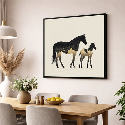 Gilded Midnight Bond mare & foal wall art displayed in a dining room