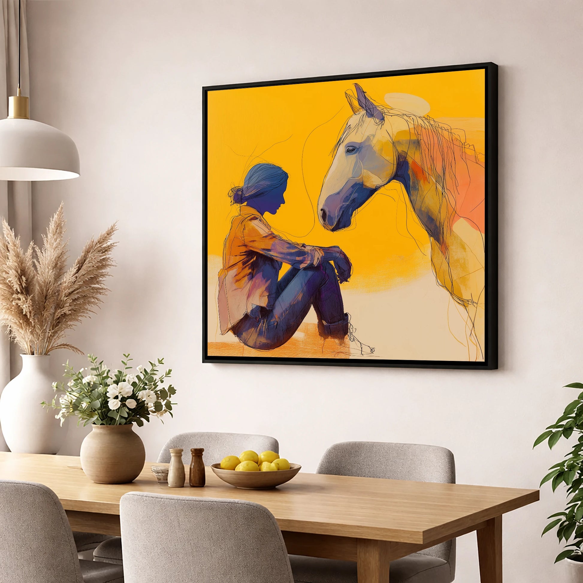 Quiet Communion horse & rider wall art displayed in a dining room