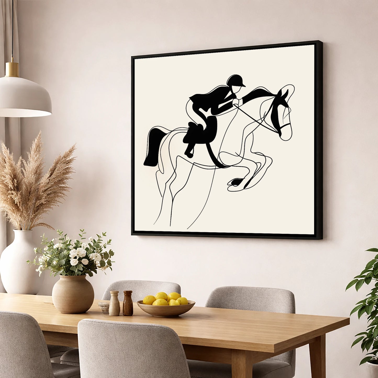 Grace in Flight show jumping horse wall art displayed in a dining room