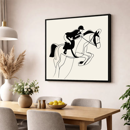 Grace in Flight show jumping horse wall art displayed in a dining room