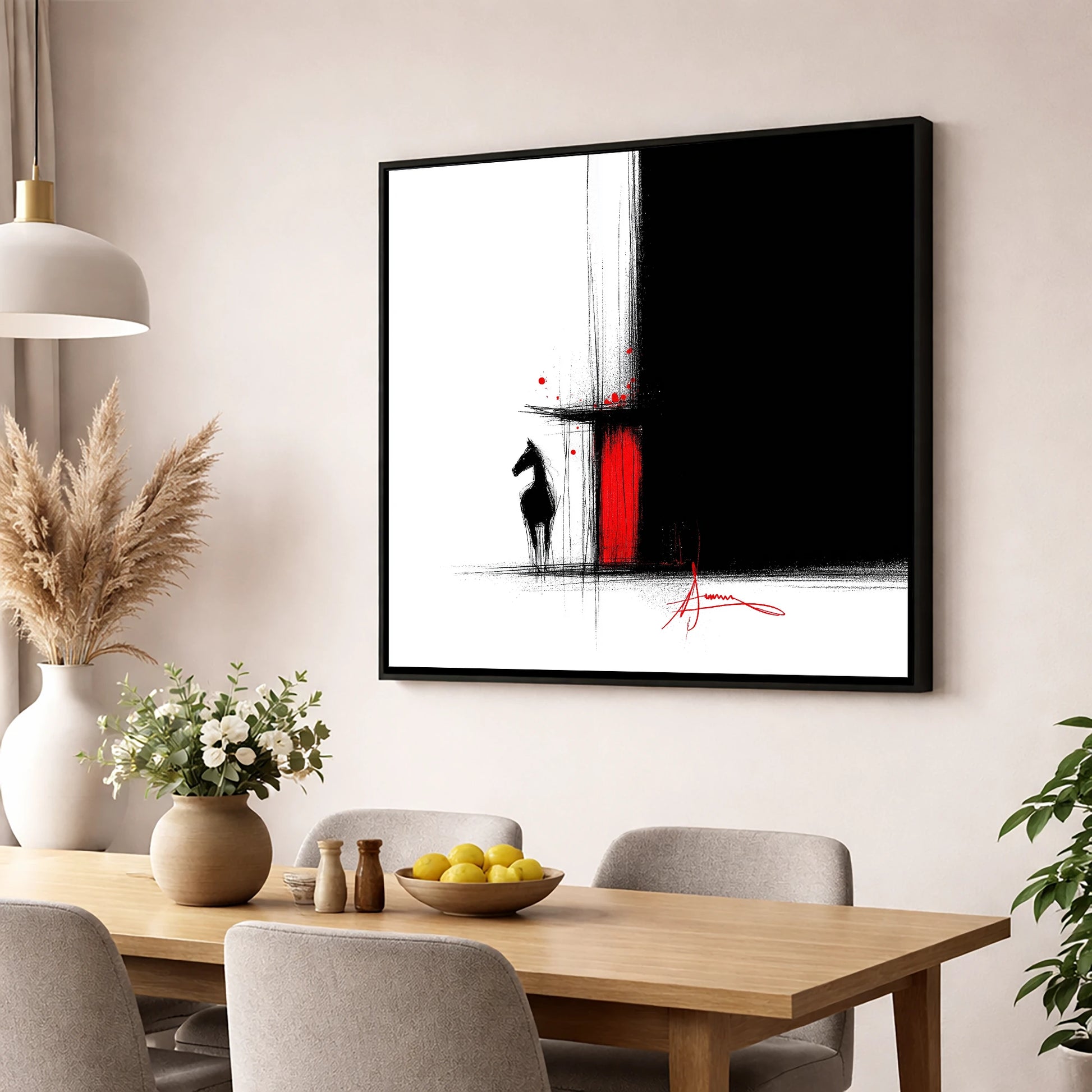 Crimson Stable Door horse stable wall art displayed in a dining room