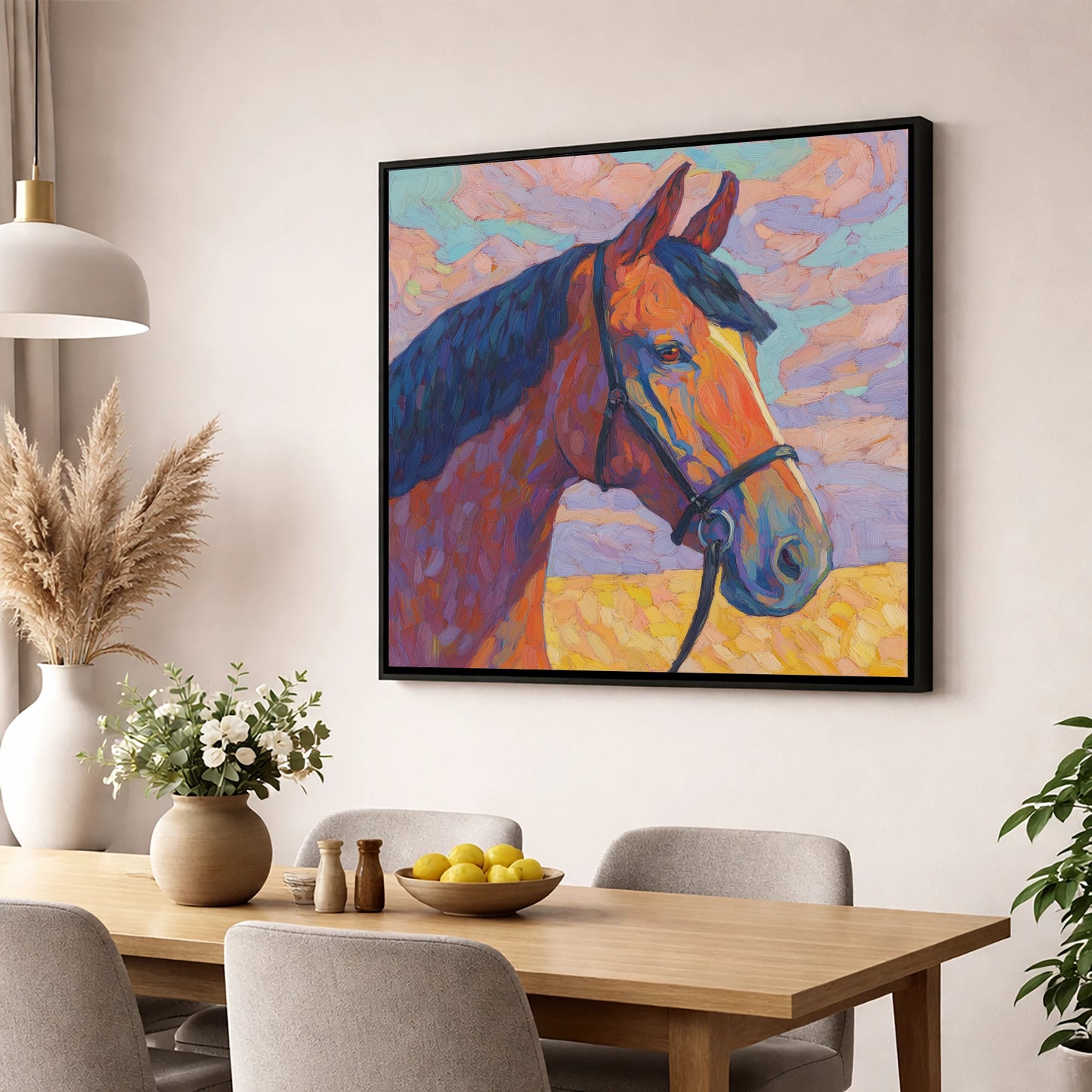 Painted Bay Profile horse portrait wall art displayed in a dining room
