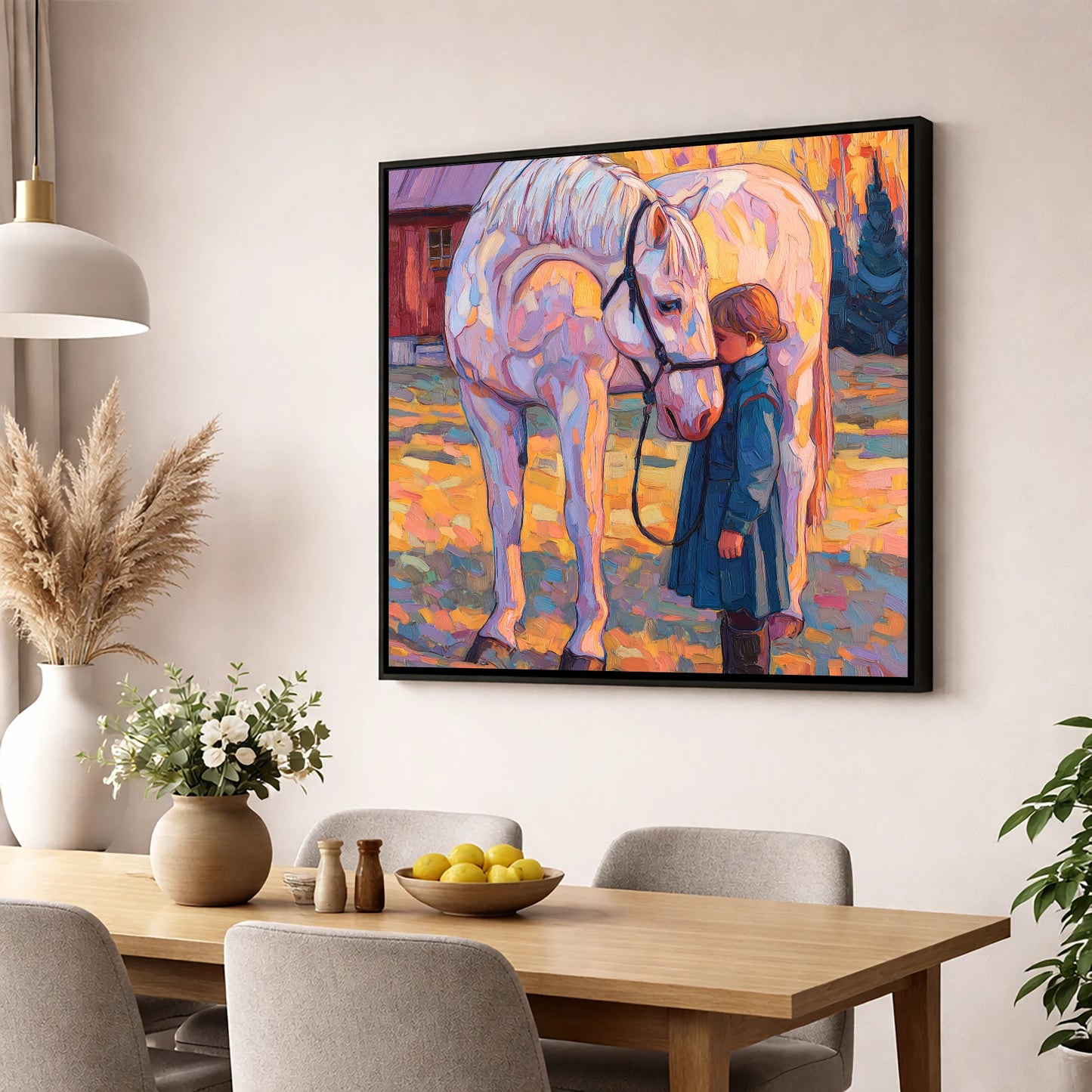 A Quiet Connection horse & rider wall art displayed in a dining room