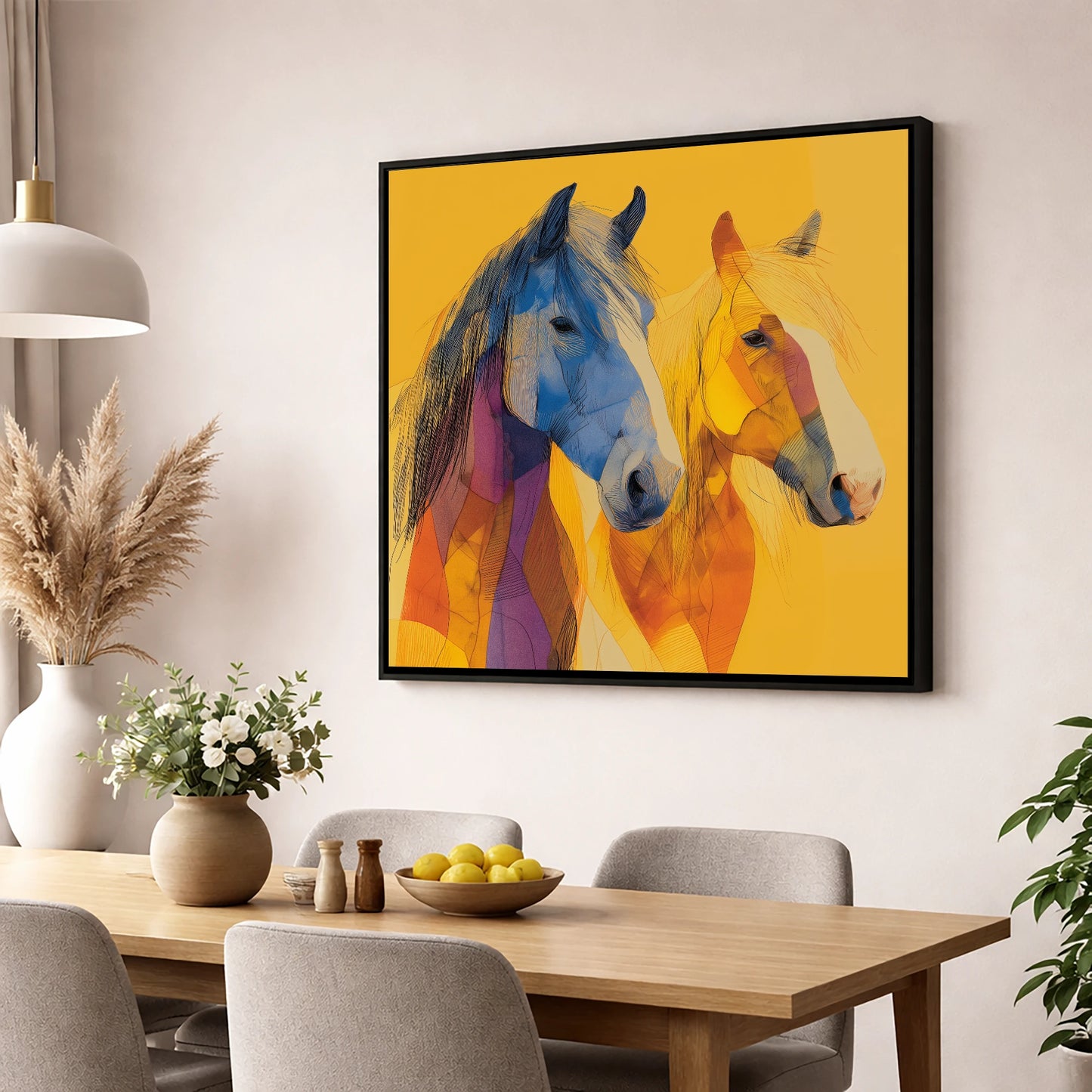 Prismatic Companions horse landscape wall art displayed in a dining room
