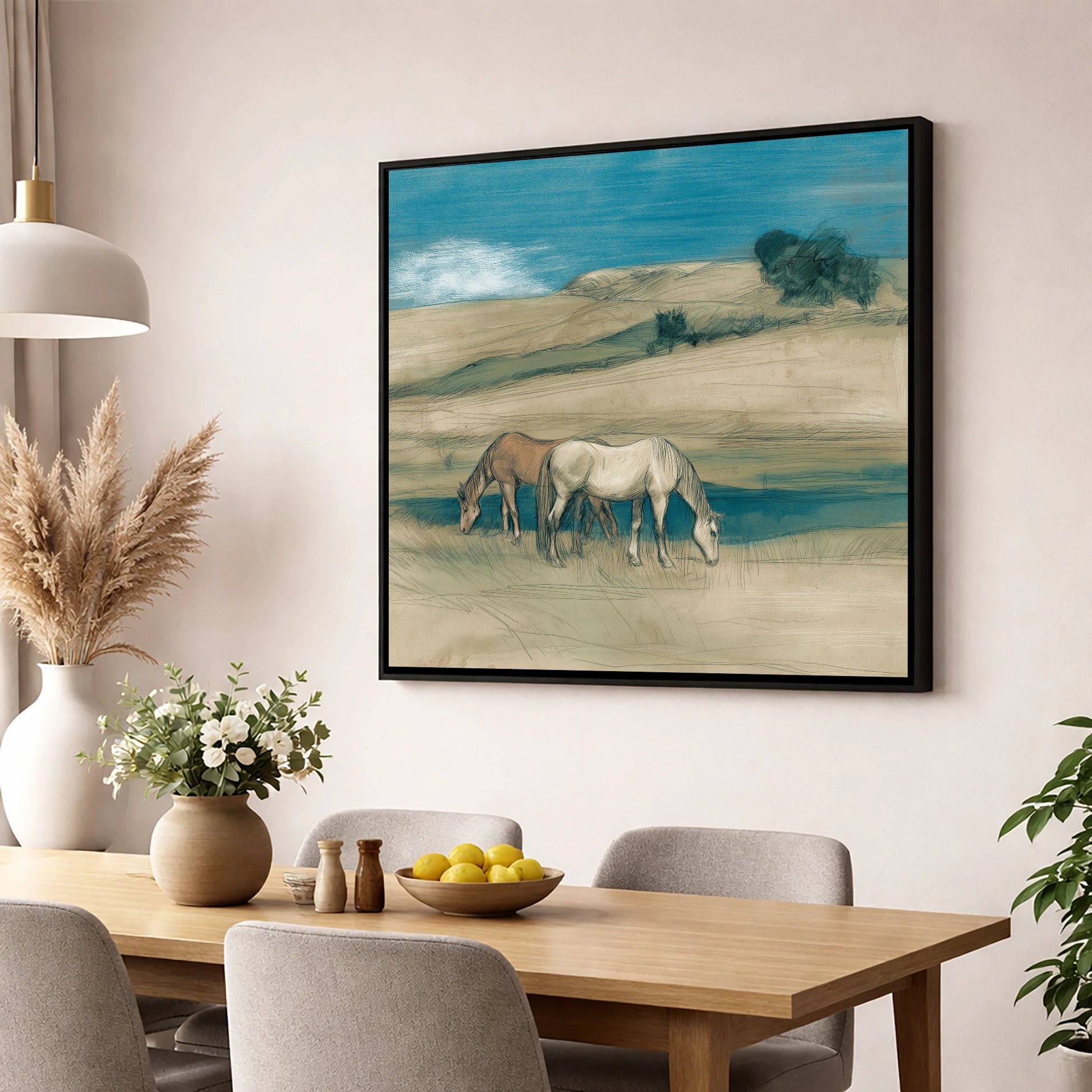 Grazing Beneath Teal Skies horse landscape wall art displayed in a dining room