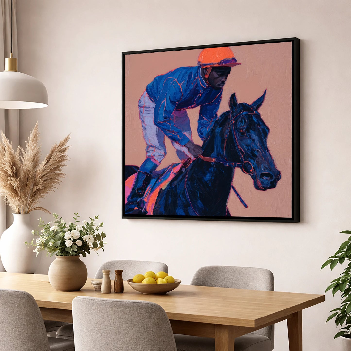 Indigo Charge racing horse wall art displayed in a dining room