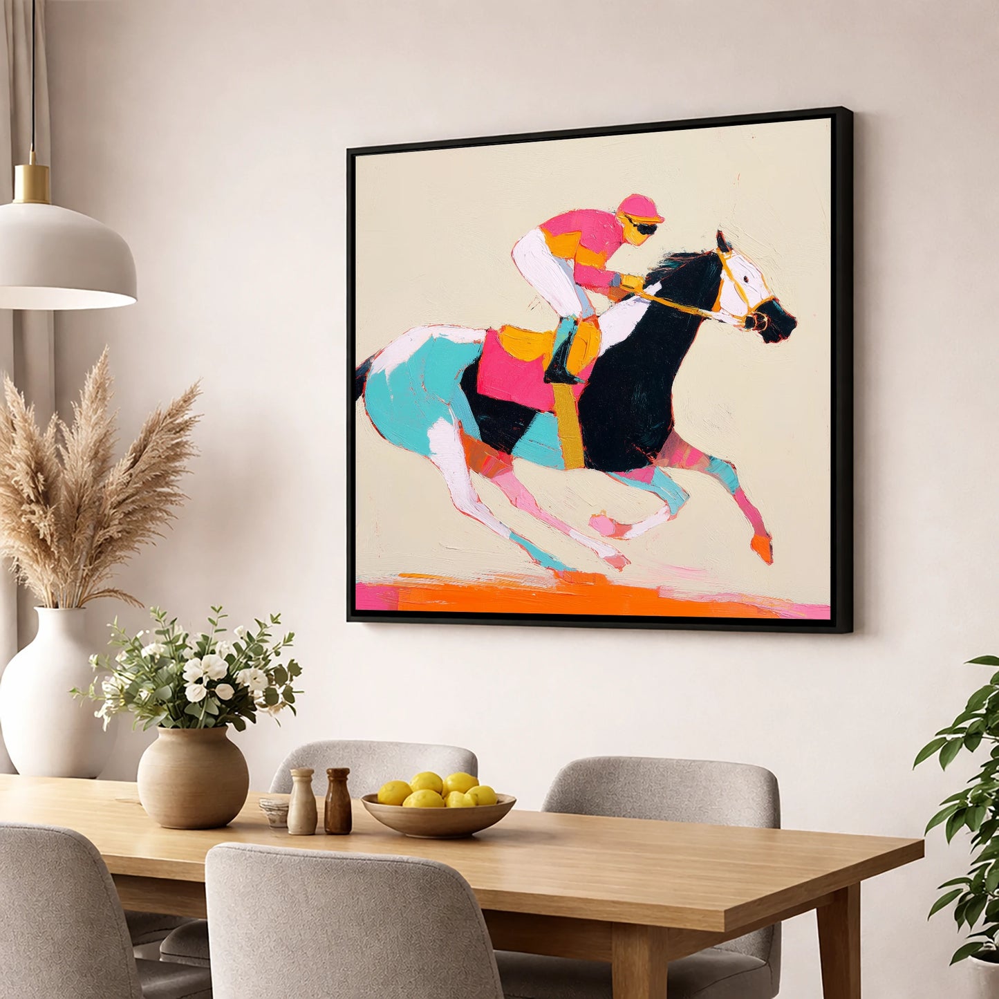 Technicolour Gallop racing horse wall art displayed in a dining room