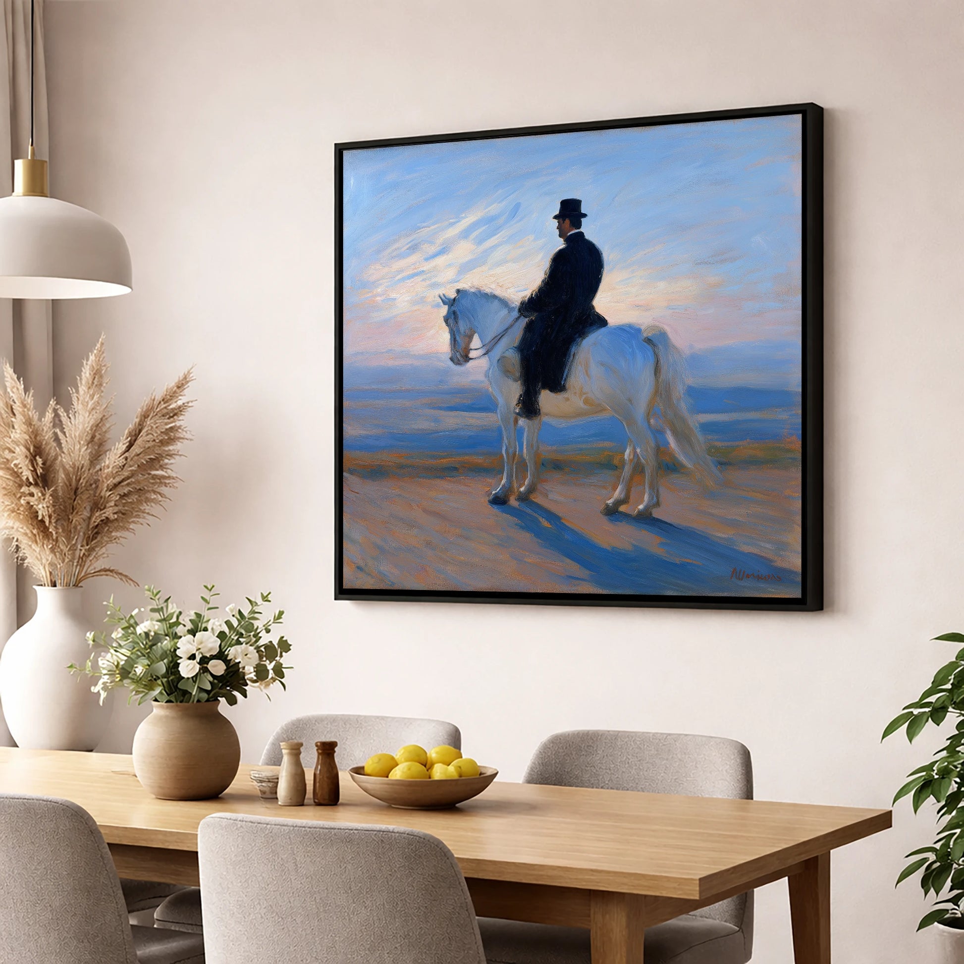The Classical Rider dressage horse wall art displayed in a dining room