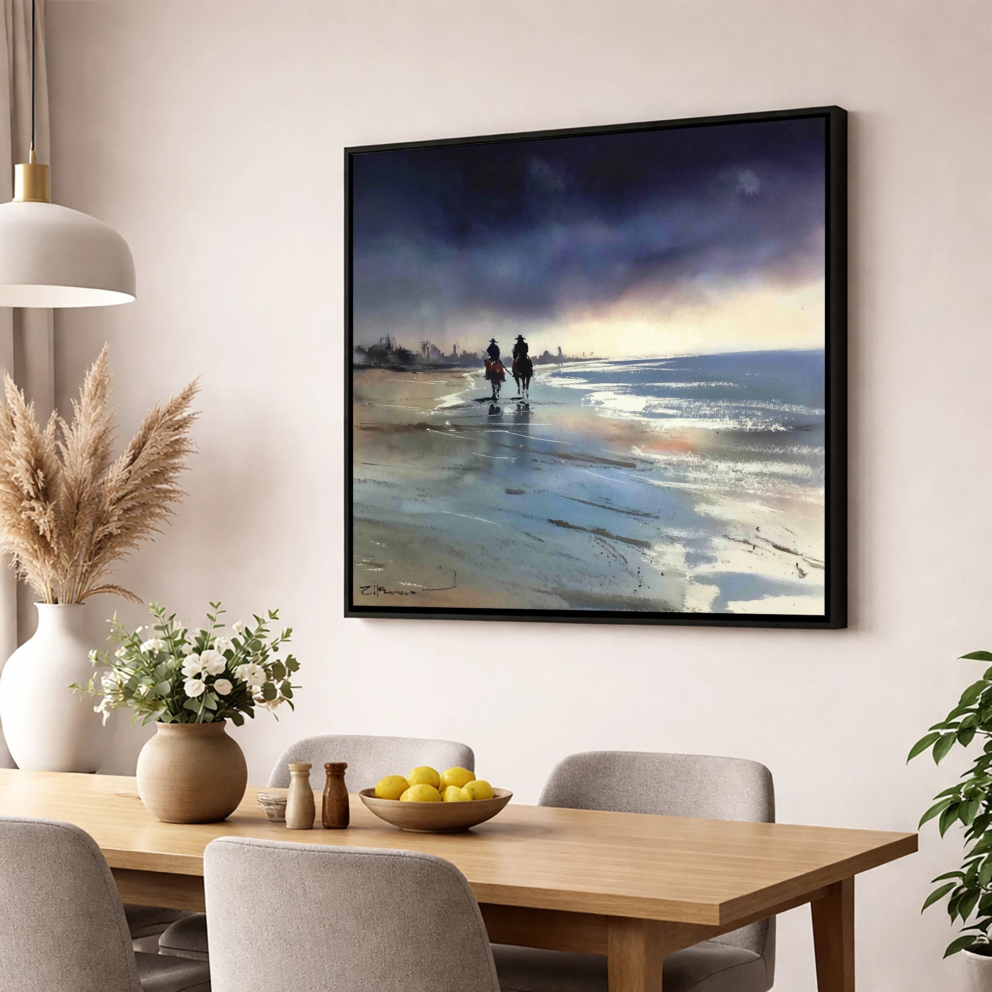Shadows on the Shore horse landscape wall art displayed in a dining room
