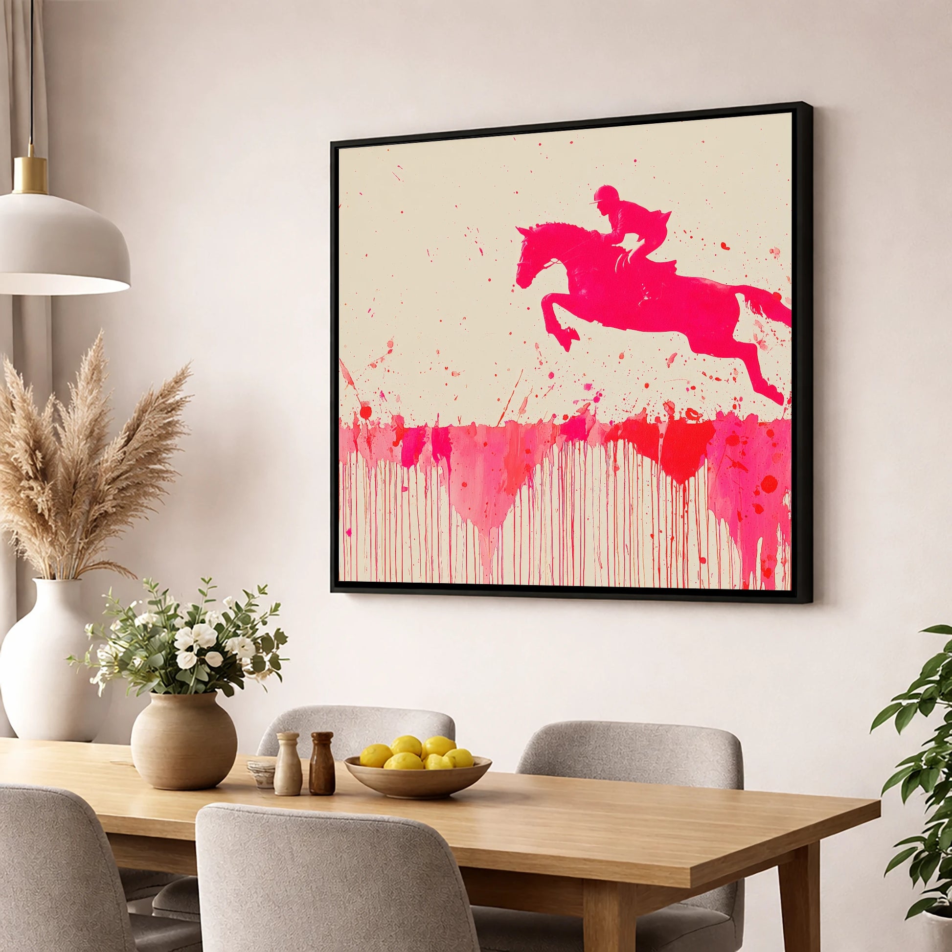 Magenta Flight show jumping horse wall art displayed in a dining room