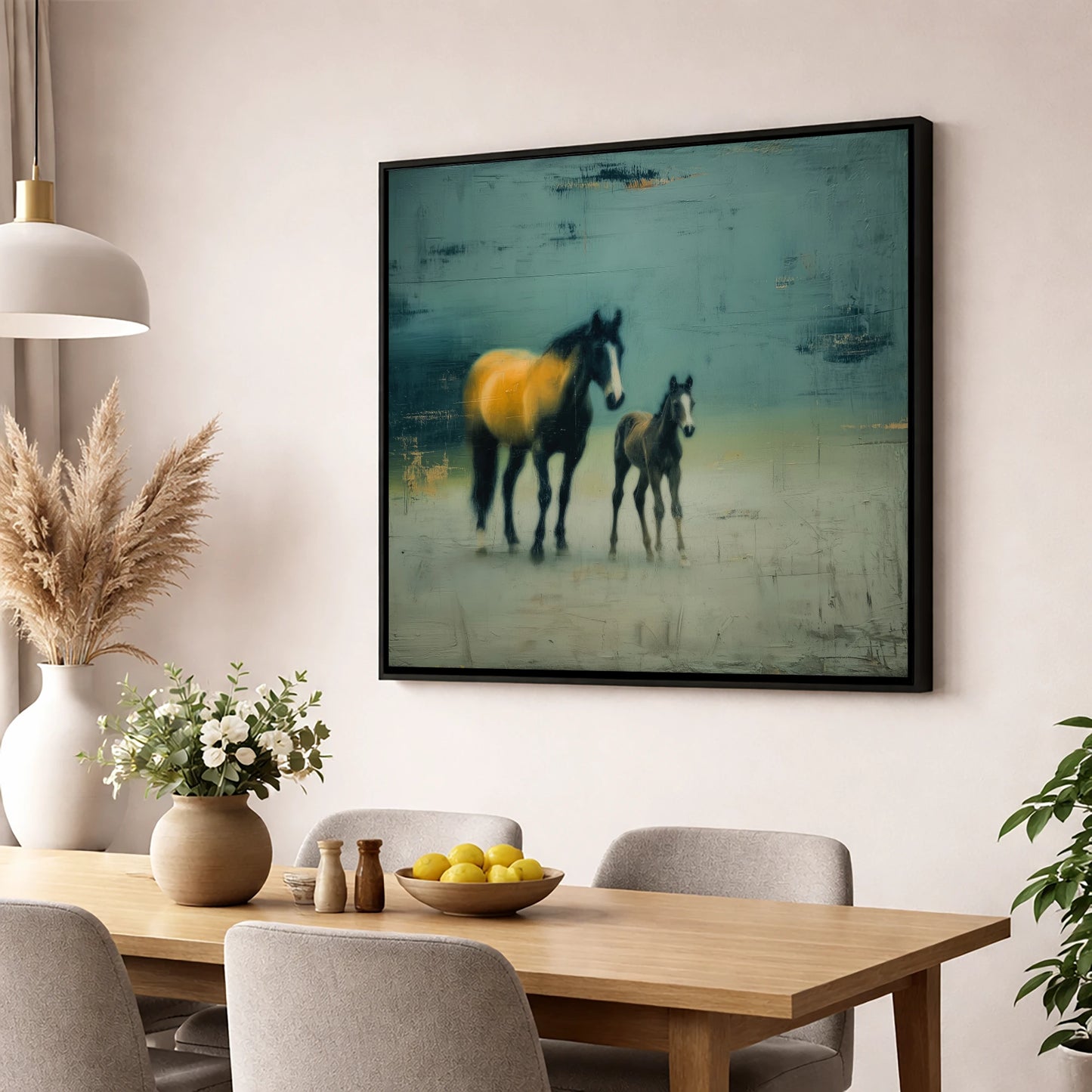 Ochre Light and Shadow mare & foal wall art displayed in a dining room