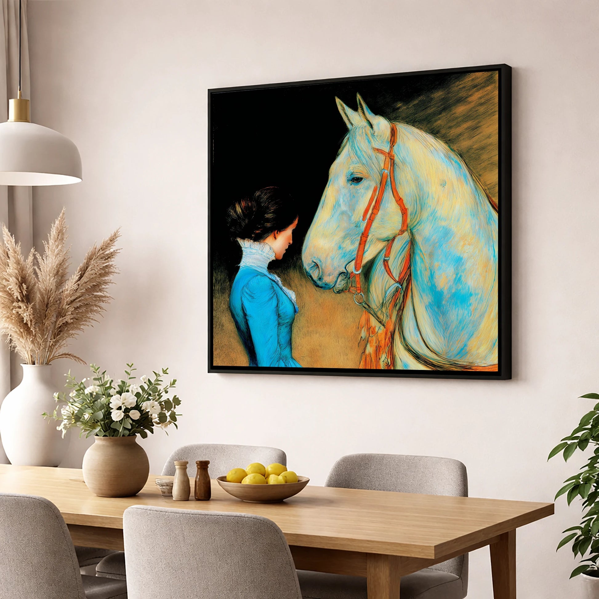 Cerulean Connection horse & rider wall art displayed in a dining room
