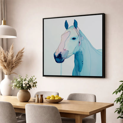 Ethereal Blue Portrait horse portrait wall art displayed in a dining room