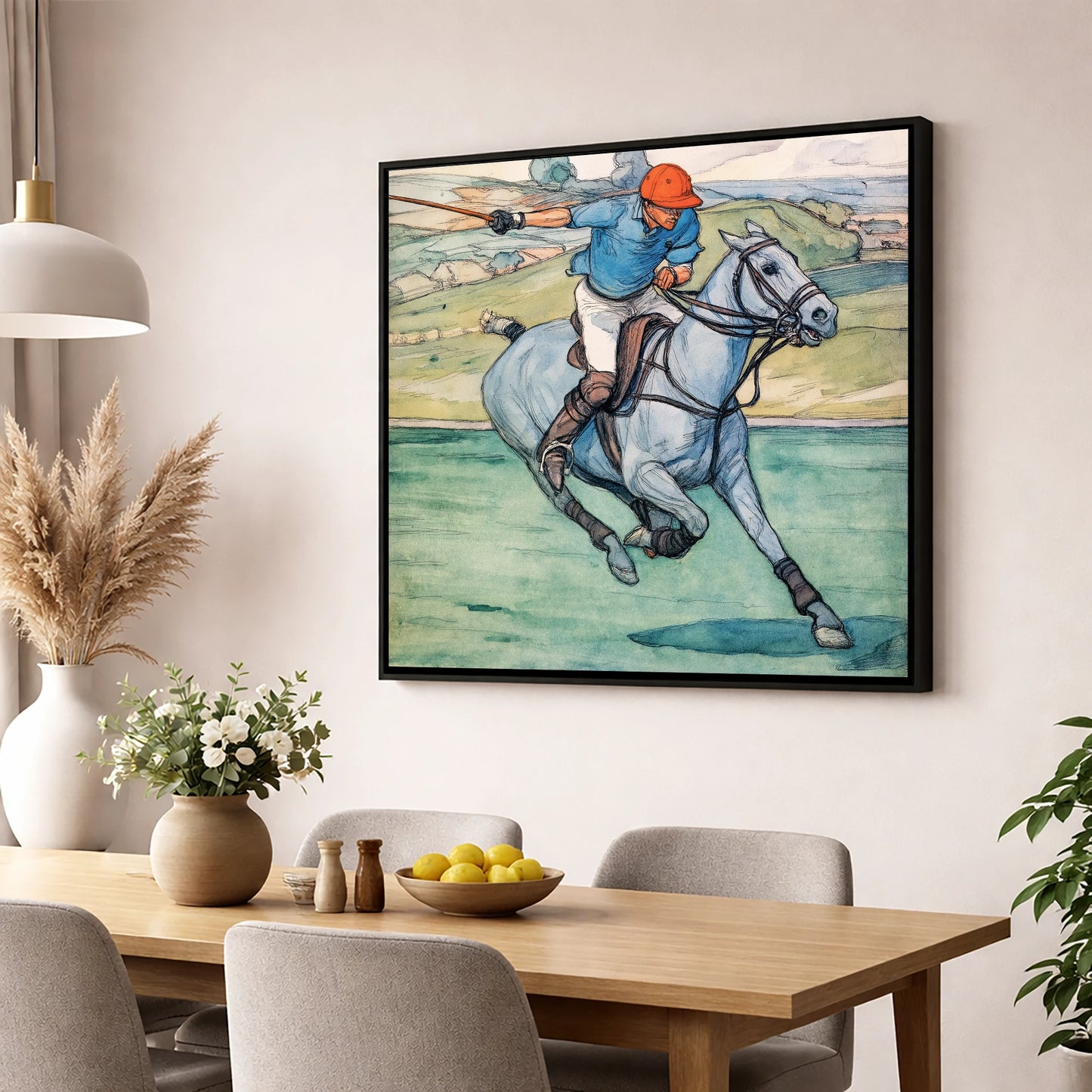 The Nearside Shot polo horse wall art displayed in a dining room