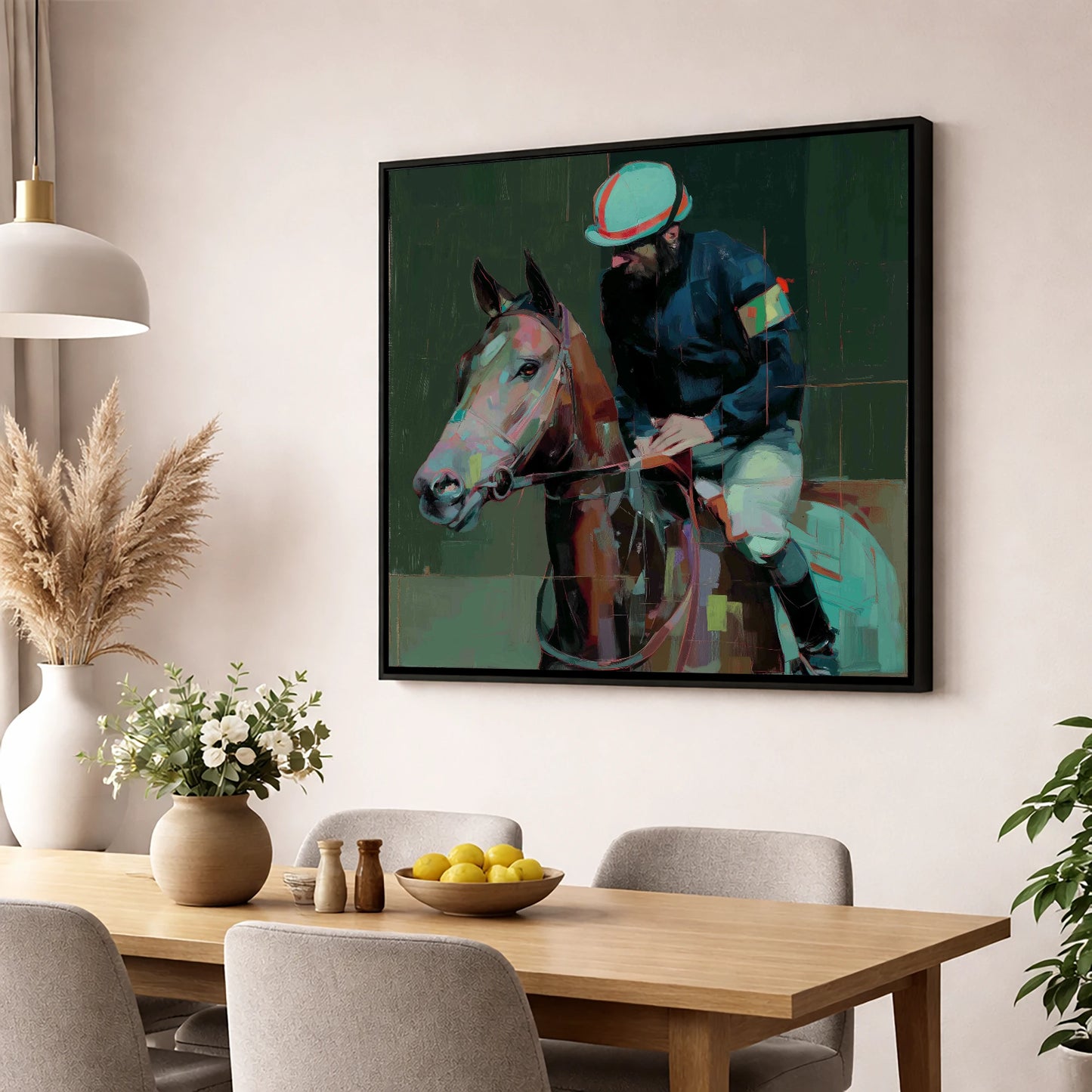 Quiet Intensity racing horse wall art displayed in a dining room