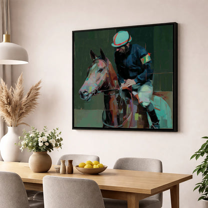 Quiet Intensity racing horse wall art displayed in a dining room