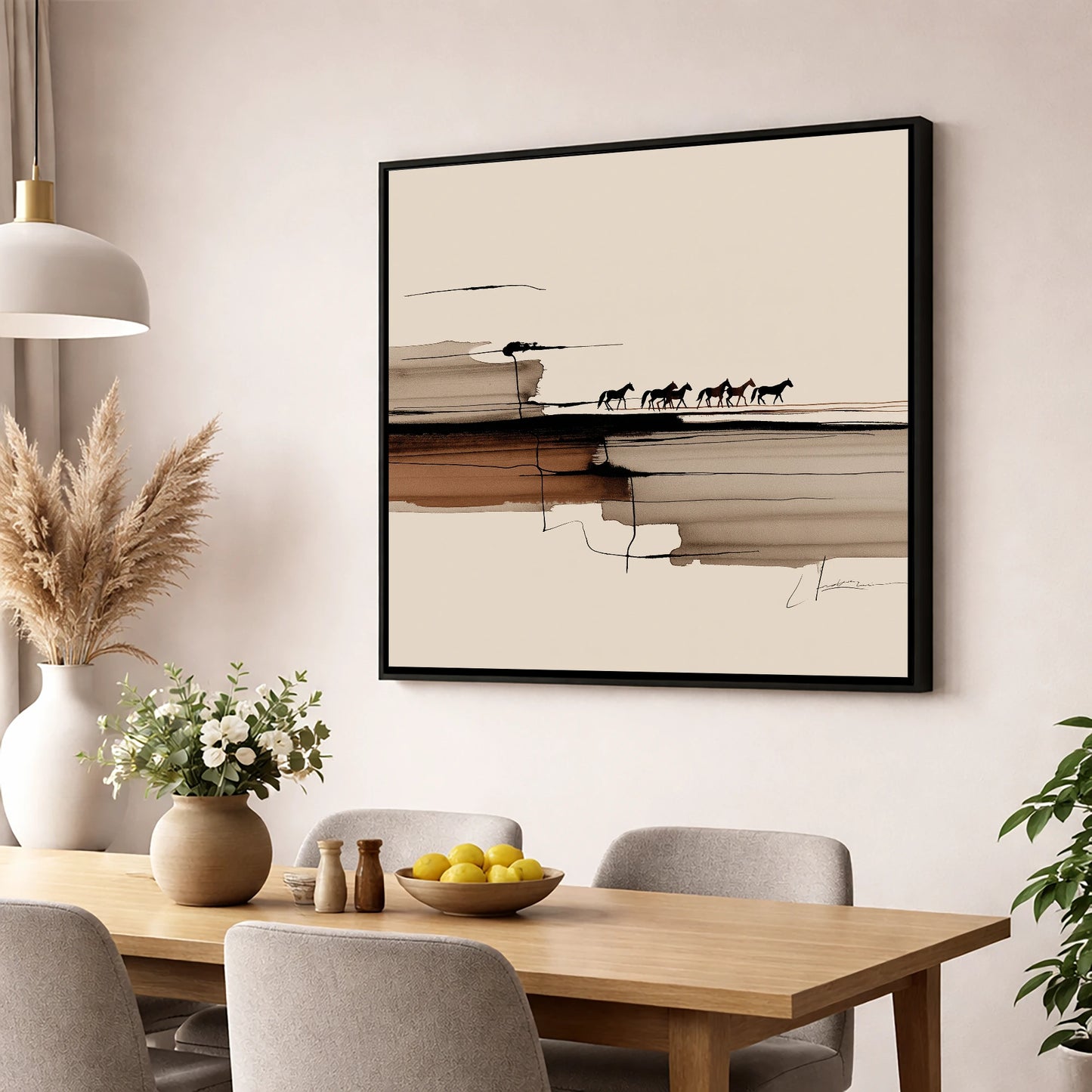 The Distant Herd horse landscape wall art displayed in a dining room