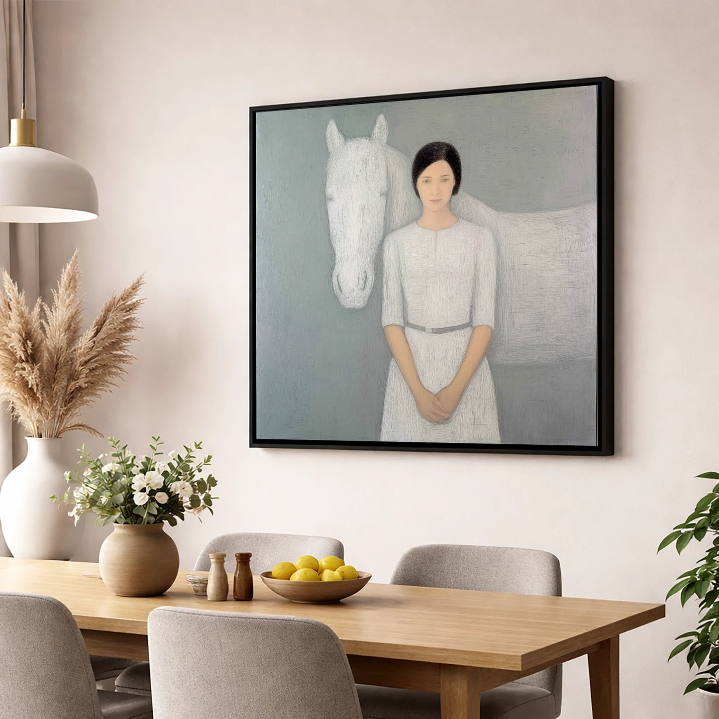 Quiet Connection horse & rider wall art displayed in a dining room