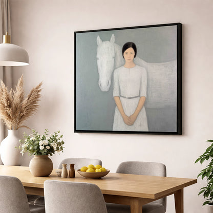 Quiet Connection horse & rider wall art displayed in a dining room