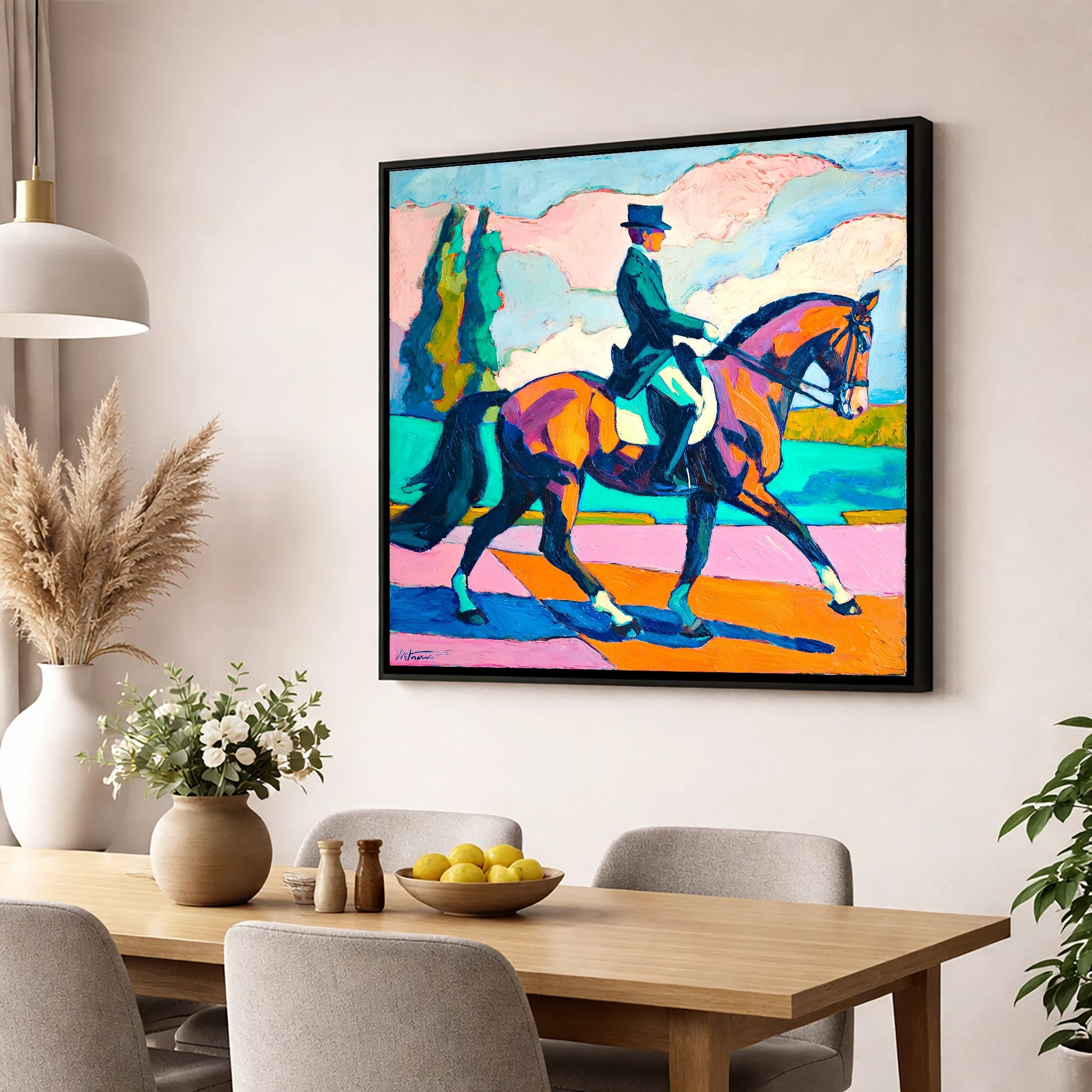 Vibrant Dressage Rhythm dressage horse wall art displayed in a dining room