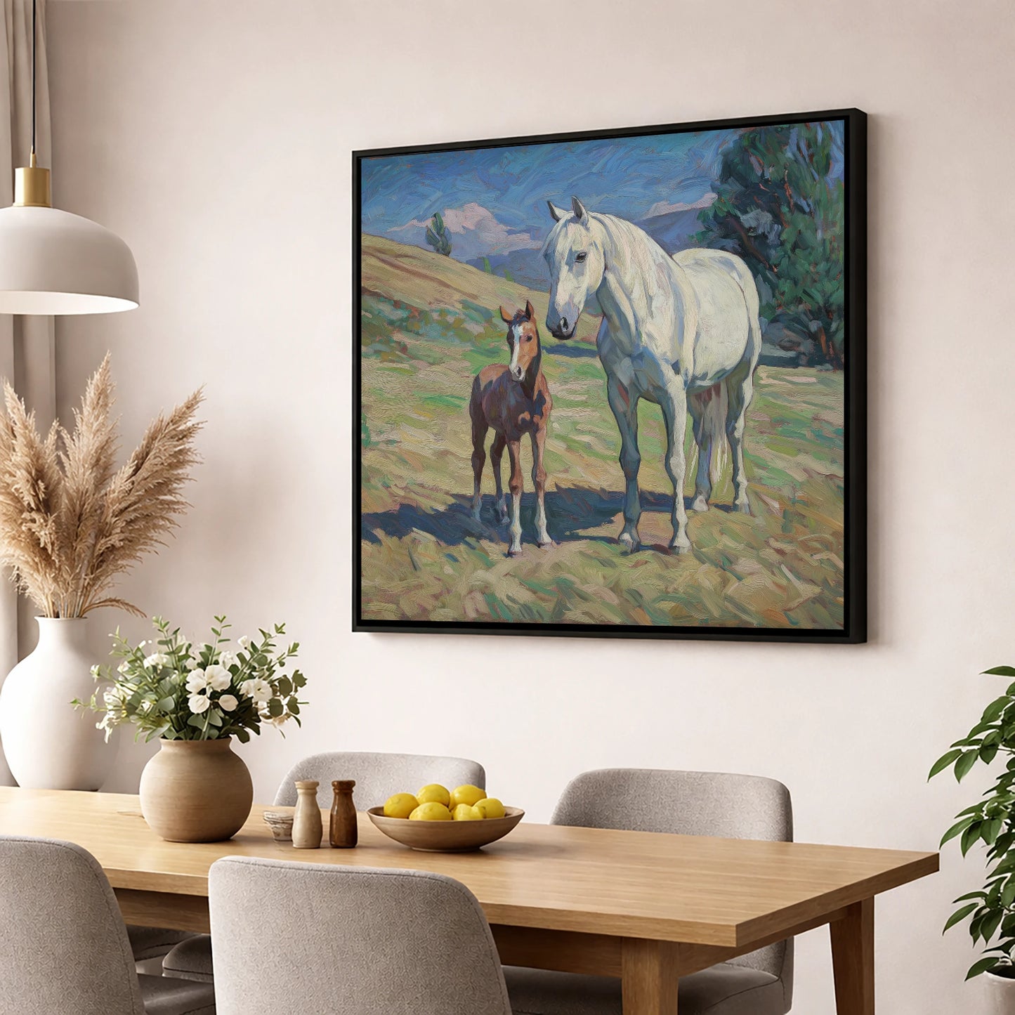 The Gentle Guardian mare & foal wall art displayed in a dining room