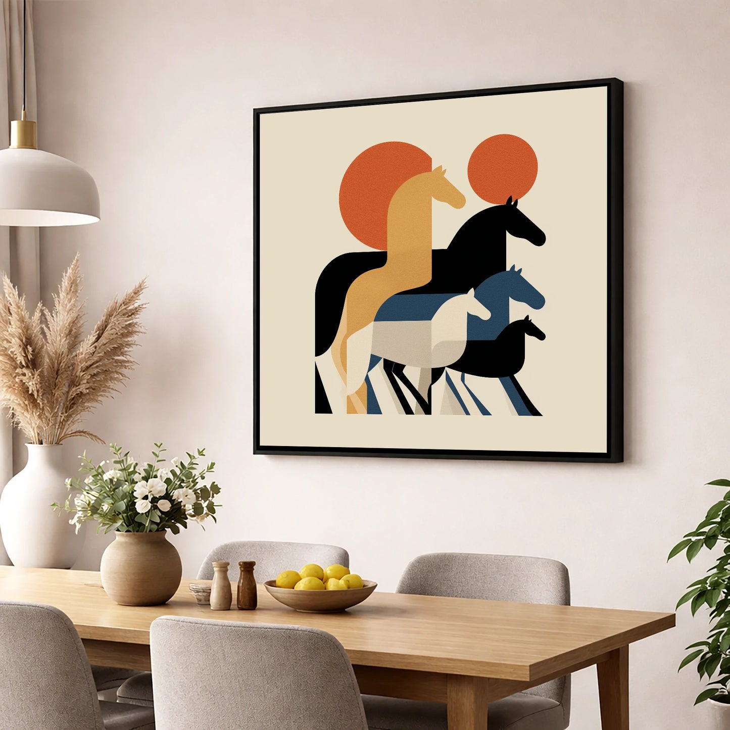 Geometric Sunrise Herd wild horses wall art displayed in a dining room