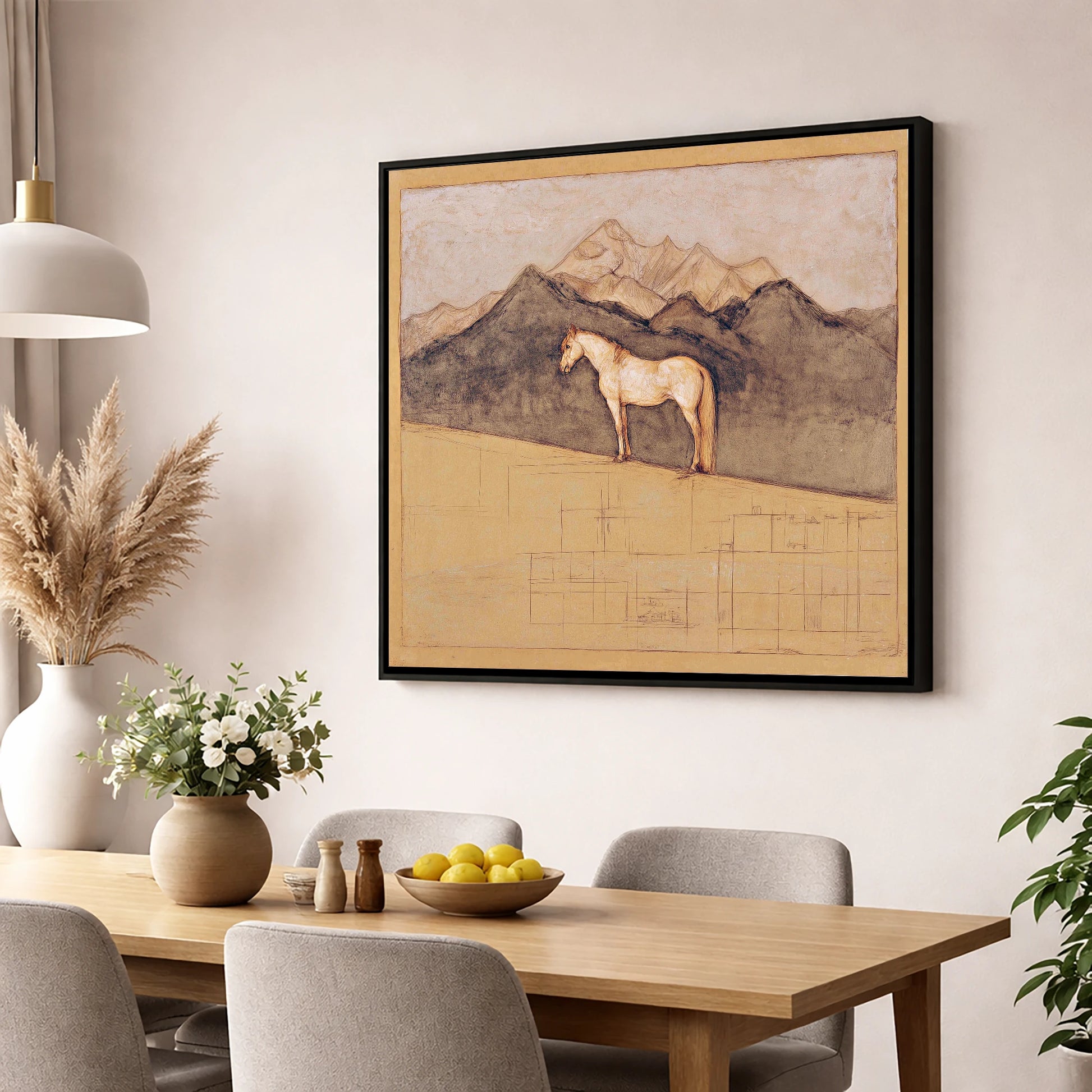 Mountain Sentinel horse landscape wall art displayed in a dining room