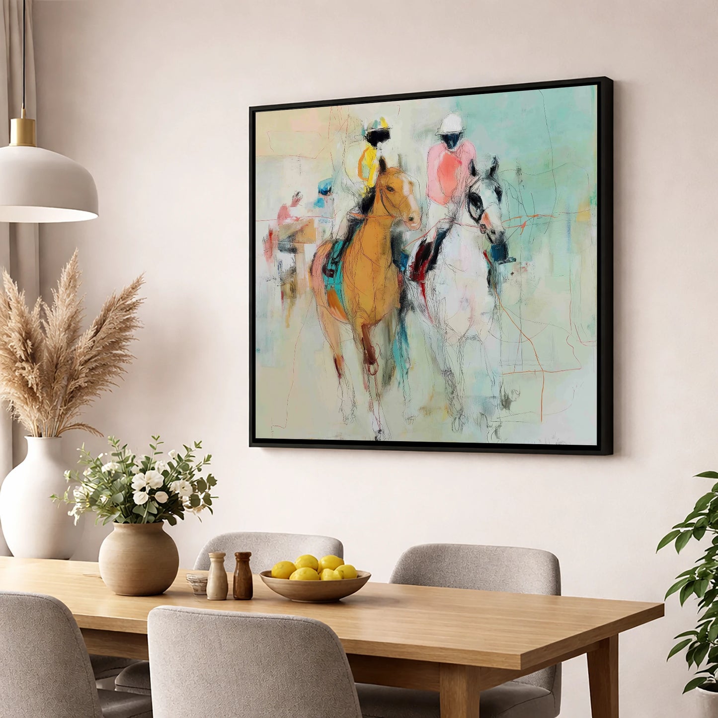 Echoes of the Turf racing horse wall art displayed in a dining room