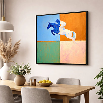 The Abstract Leap show jumping horse wall art displayed in a dining room
