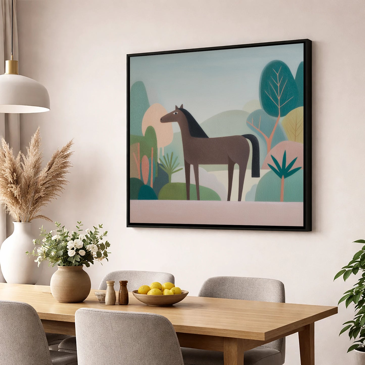 The Quiet Valley horse breed wall art displayed in a dining room