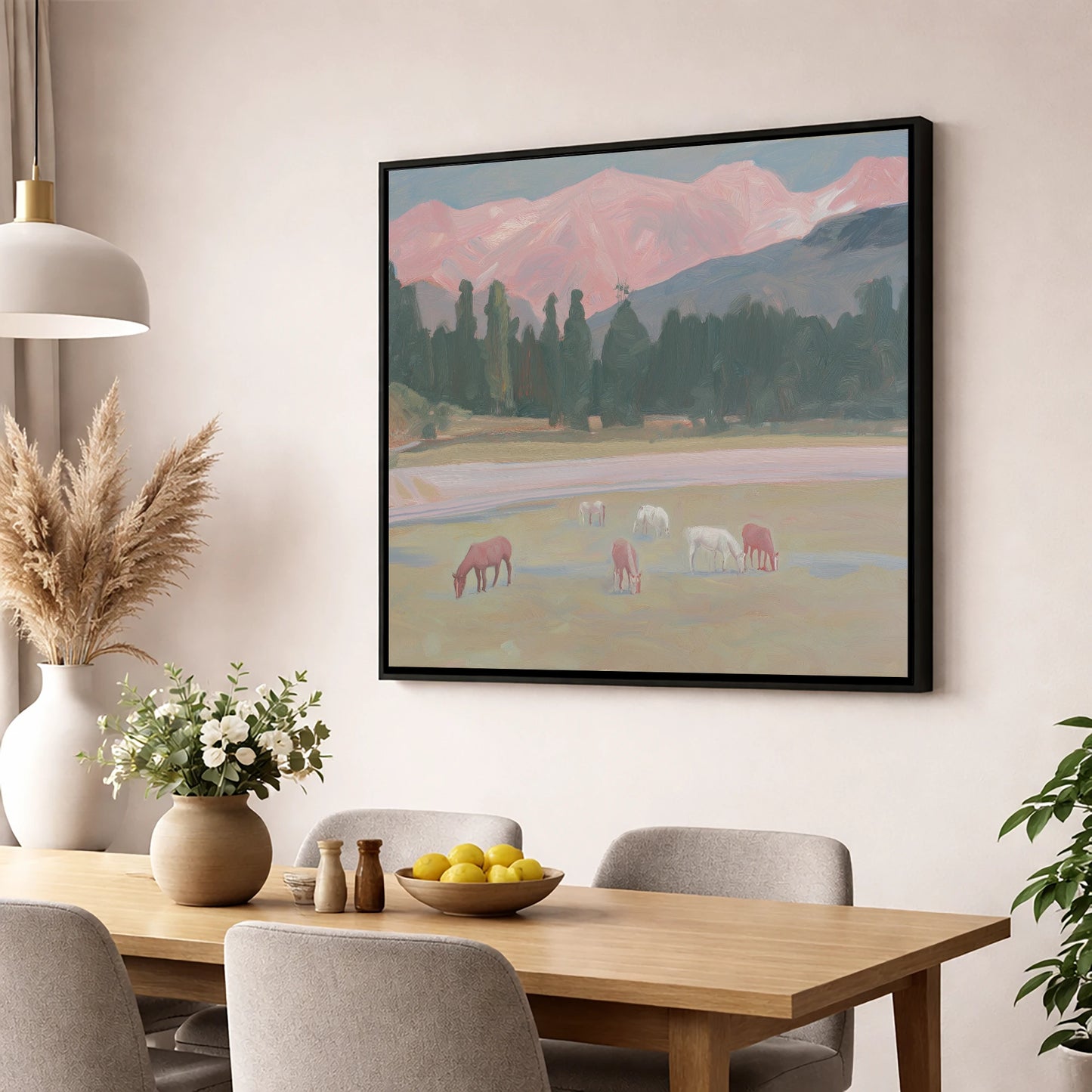 Alpenglow Pastures horse landscape wall art displayed in a dining room