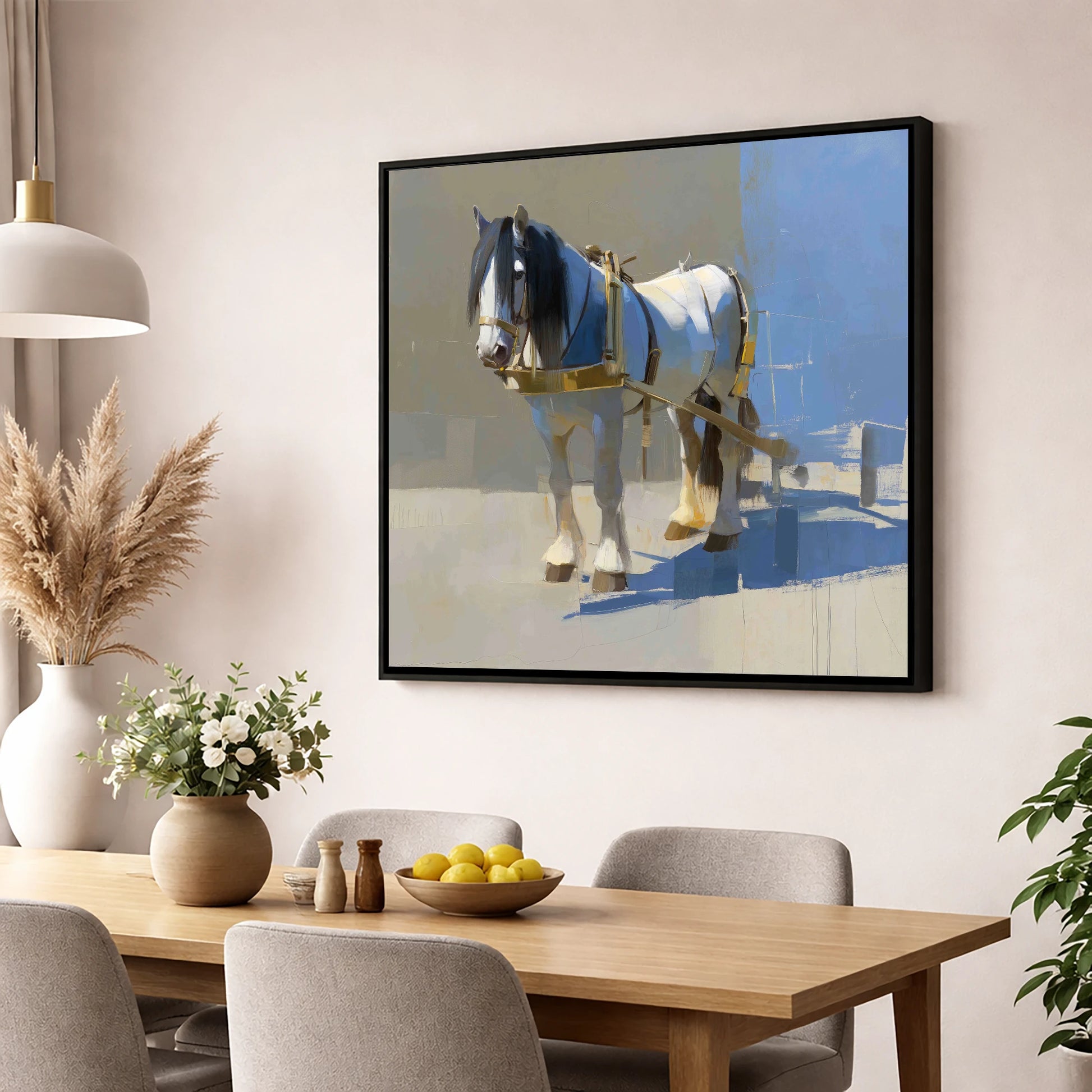 Dignity in the Shade working horse wall art displayed in a dining room