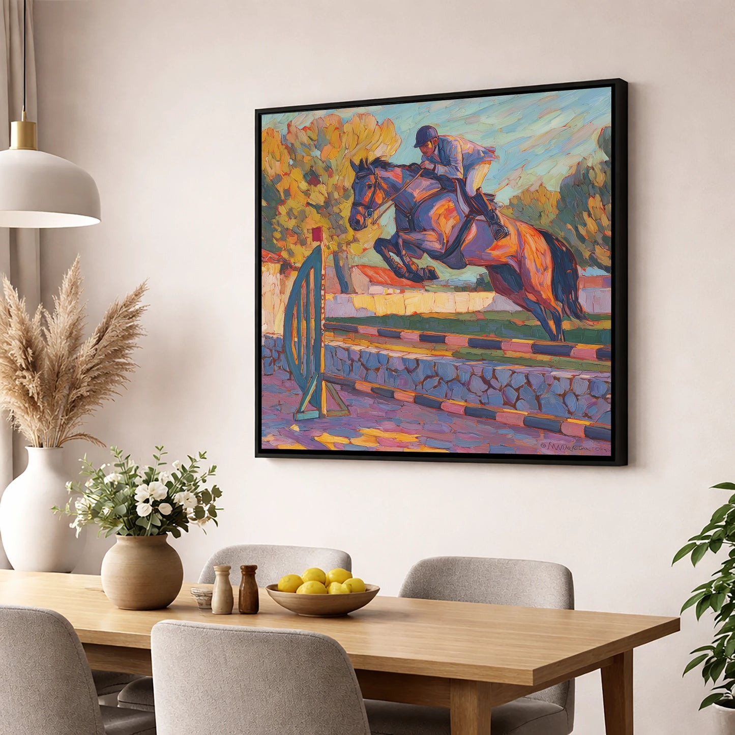 Sunset Flight show jumping horse wall art displayed in a dining room