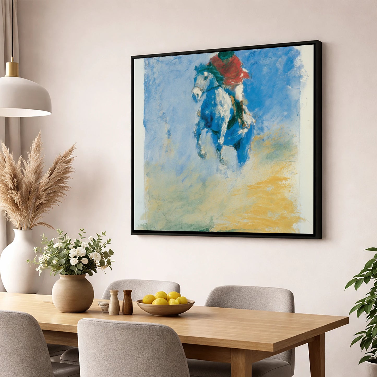 Cerulean Flight show jumping horse wall art displayed in a dining room